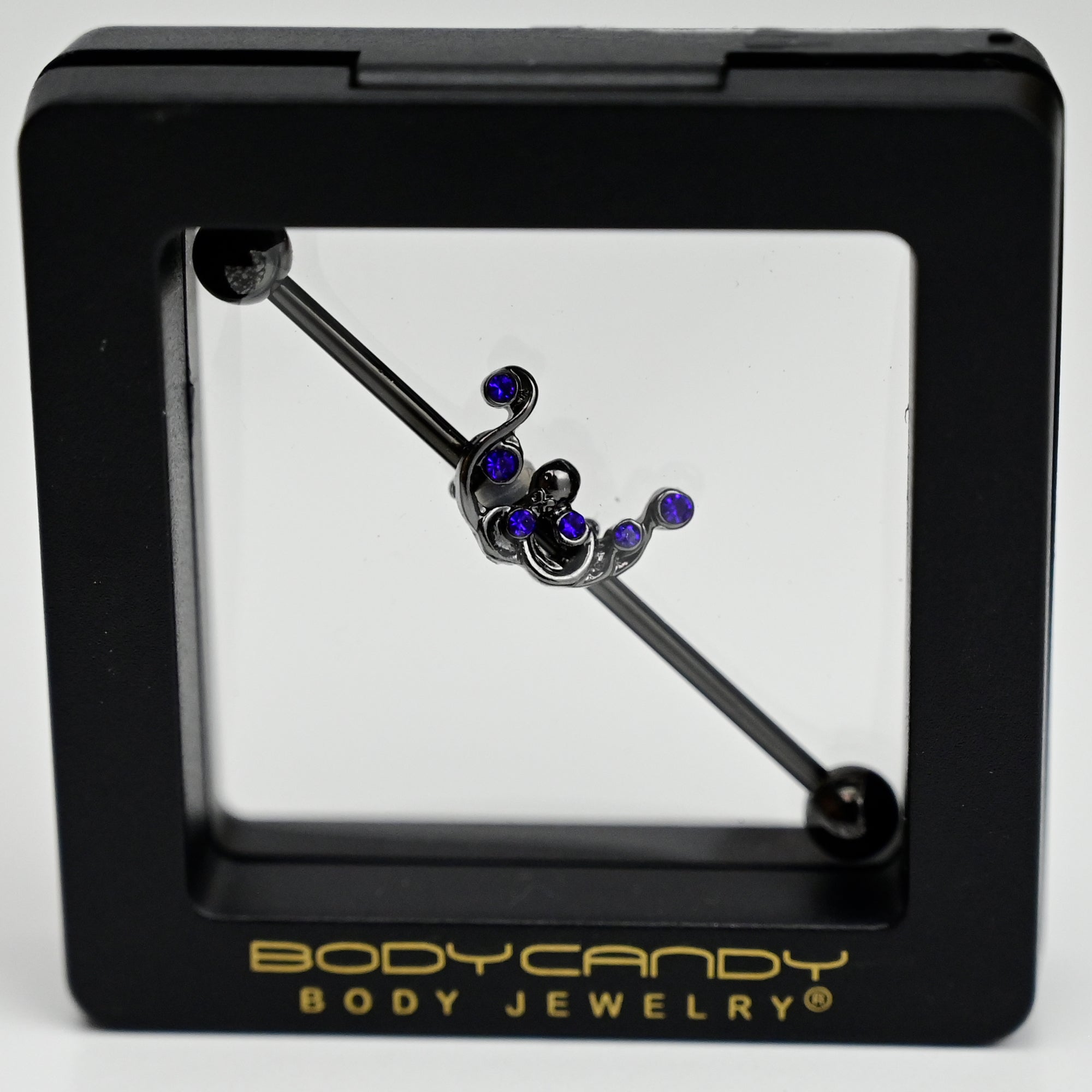 14 Gauge Blue Gem Black Scrolling Elegance Industrial Barbell 38mm