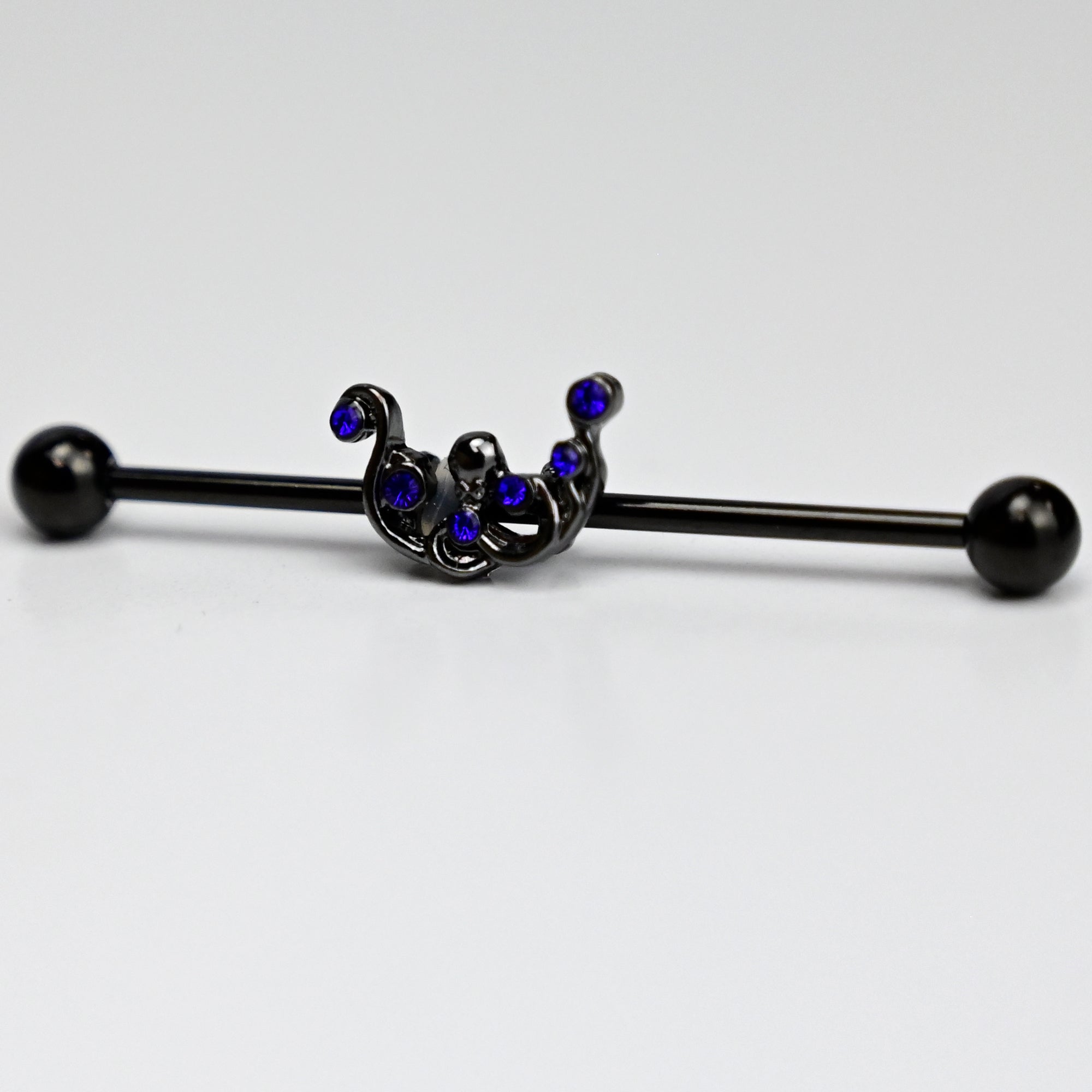 14 Gauge Blue Gem Black Scrolling Elegance Industrial Barbell 38mm