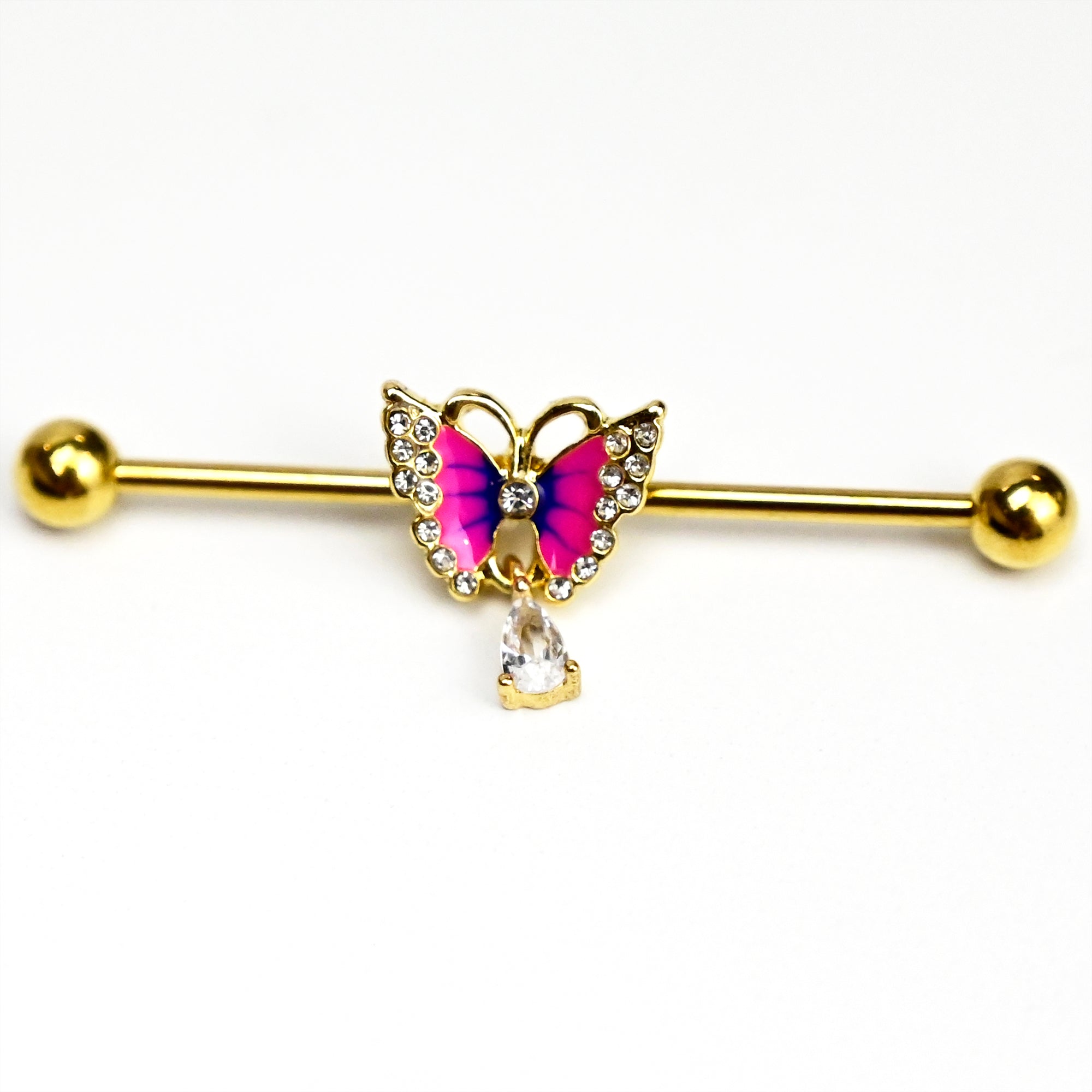 14 Gauge Clear Gem Gold Hue Butterfly Pink Dangle Industrial Barbell 38mm