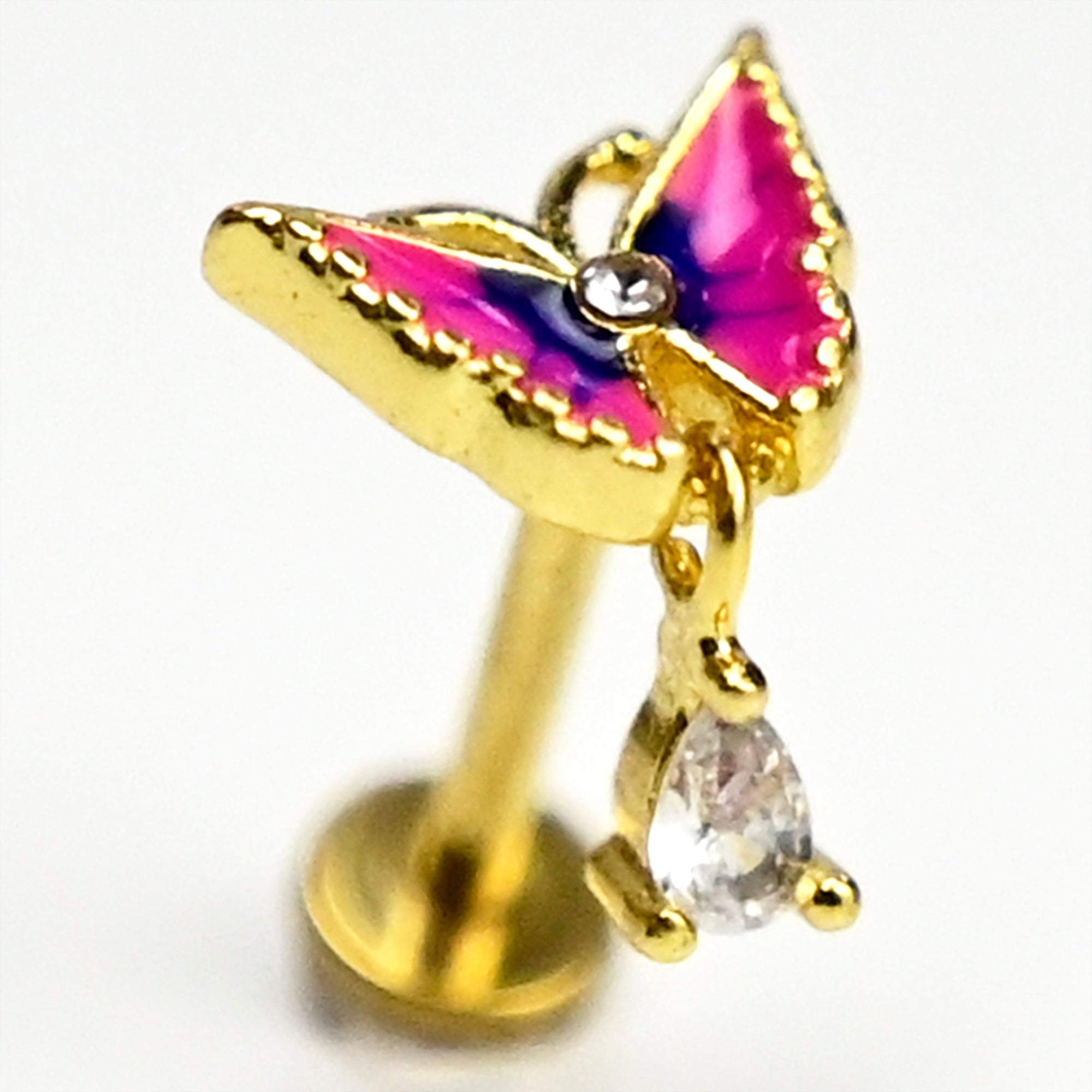 16 Gauge 5/16 Clear Gem Gold Tone Butterfly Pink Dangle Labret Tragus