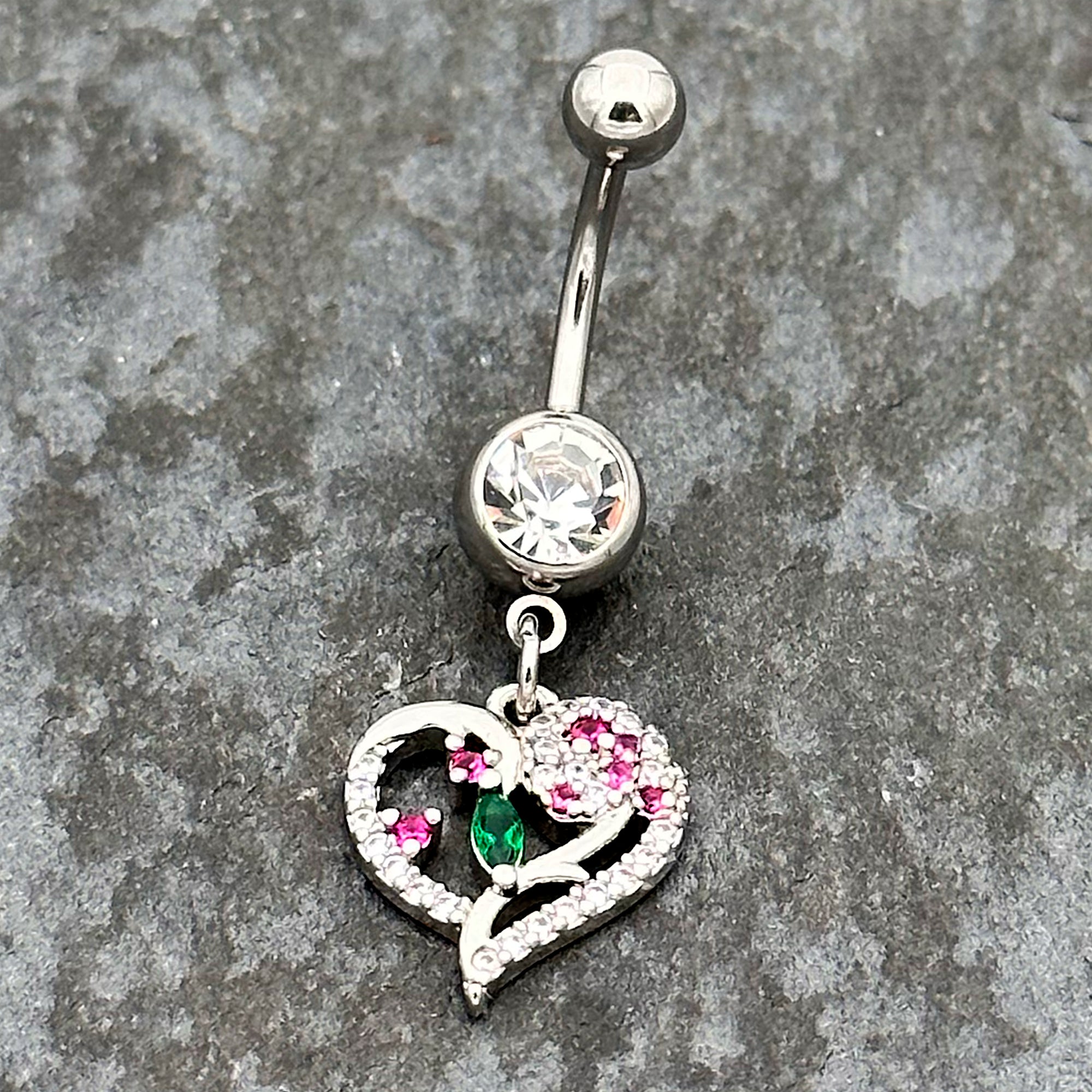 Emerald Passion CZ Gem Heart Dangle Belly Ring