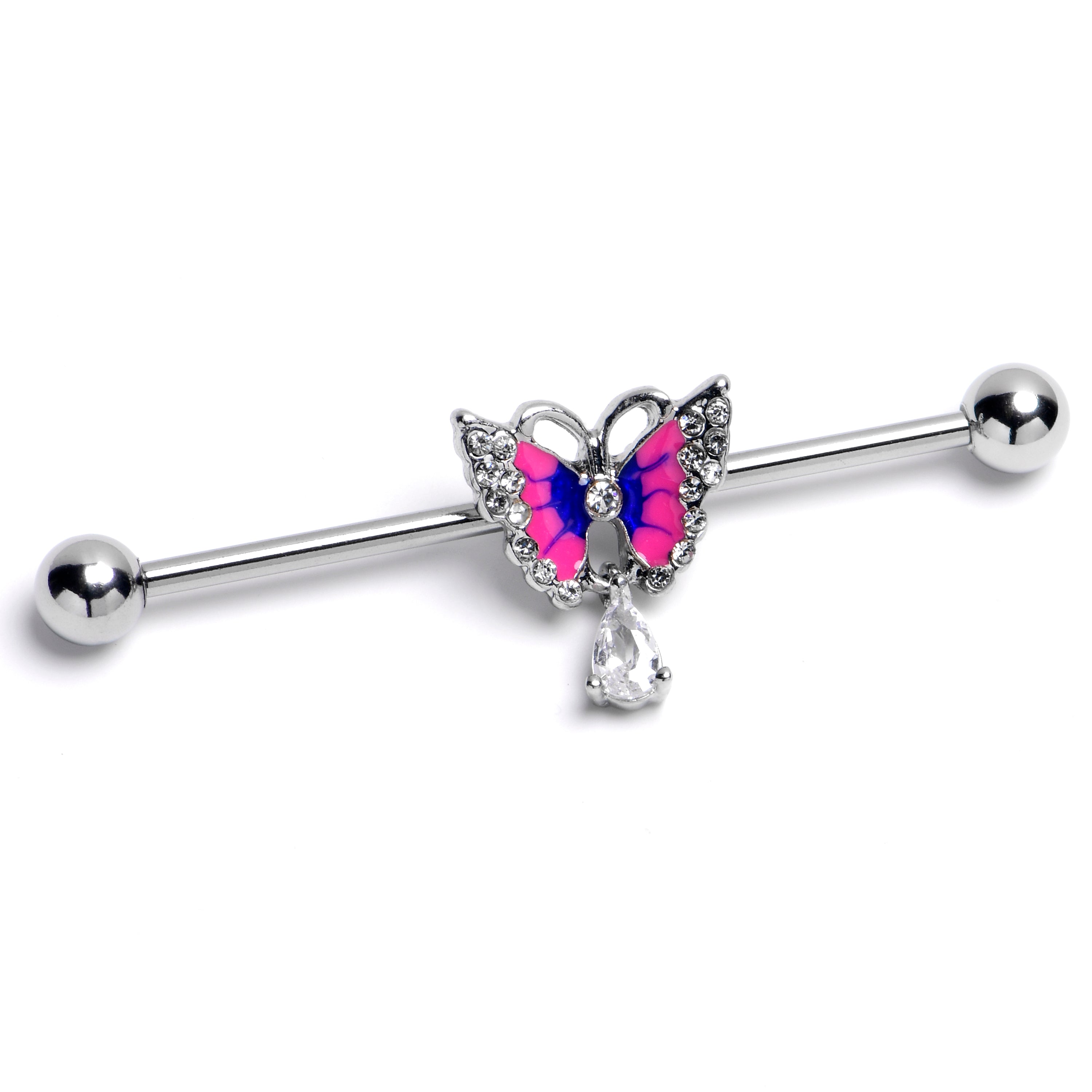 14 Gauge Clear Gem Butterfly Pink Blue Dangle Industrial Barbell 38mm