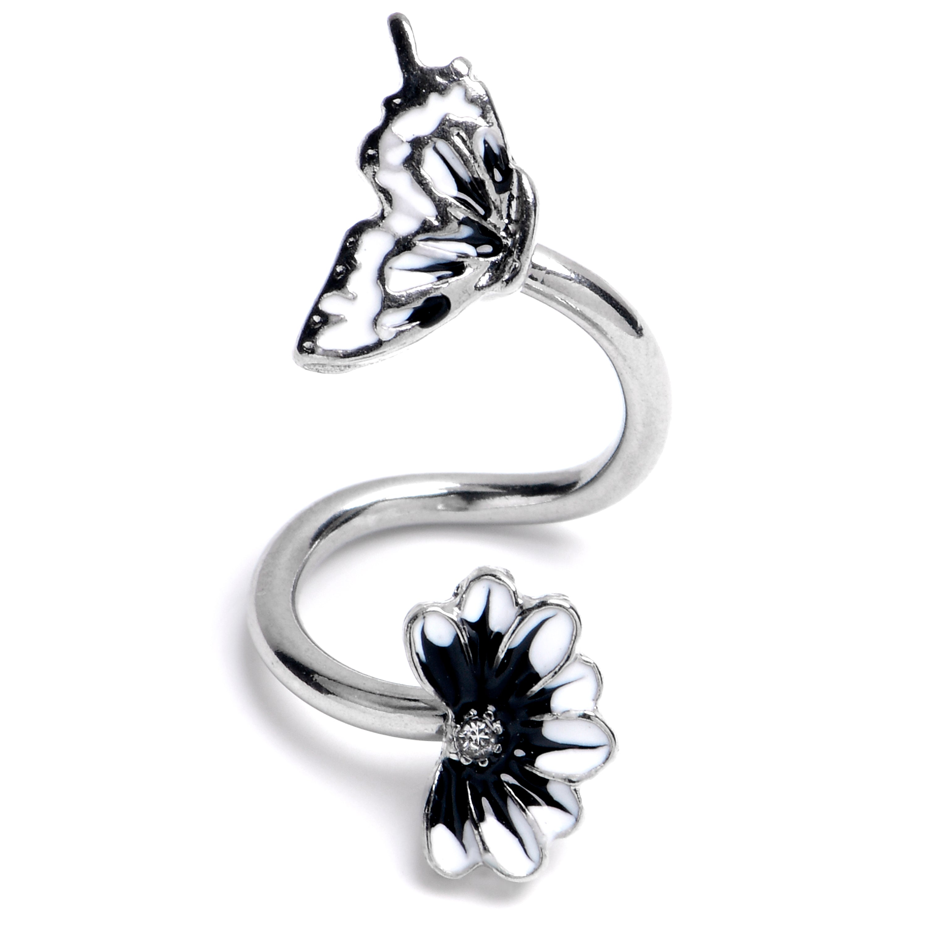 Clear Gem Butterfly Blossom Black Spiral Twister Belly Ring