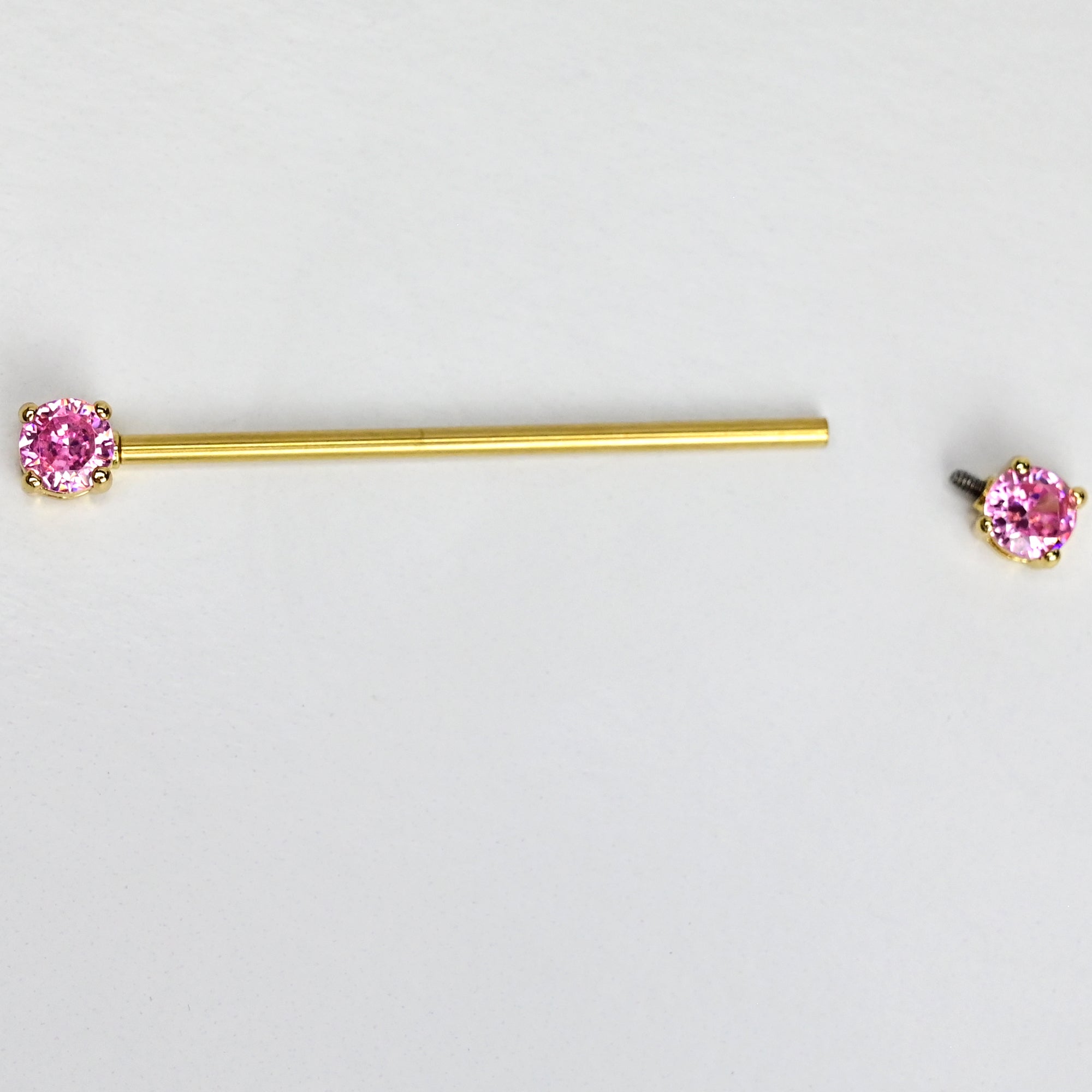 14 Gauge Pink Gem Gold Tone Internally Threaded Industrial Barbell 38mm