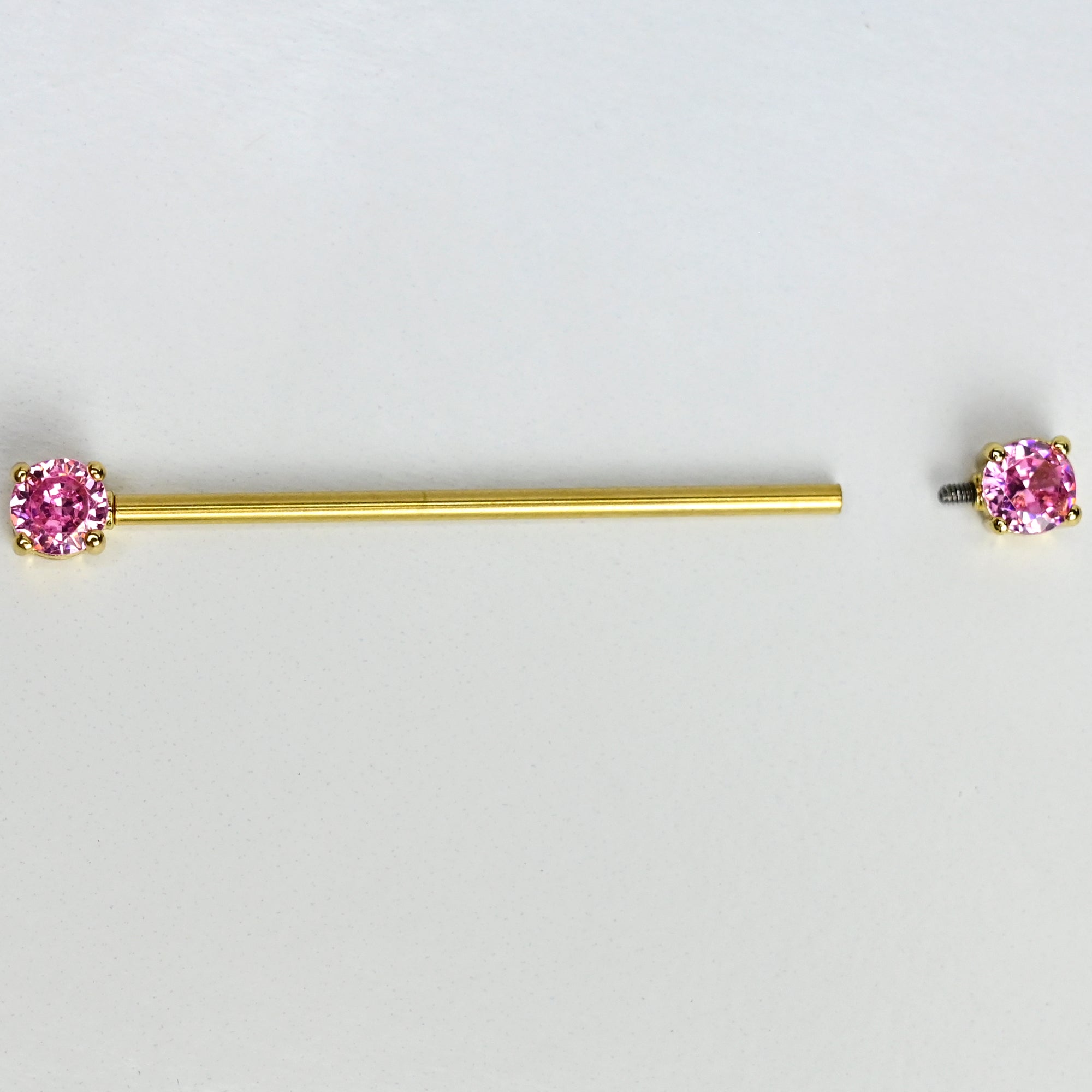 14 Gauge Pink Gem Gold Tone Internally Threaded Industrial Barbell 38mm