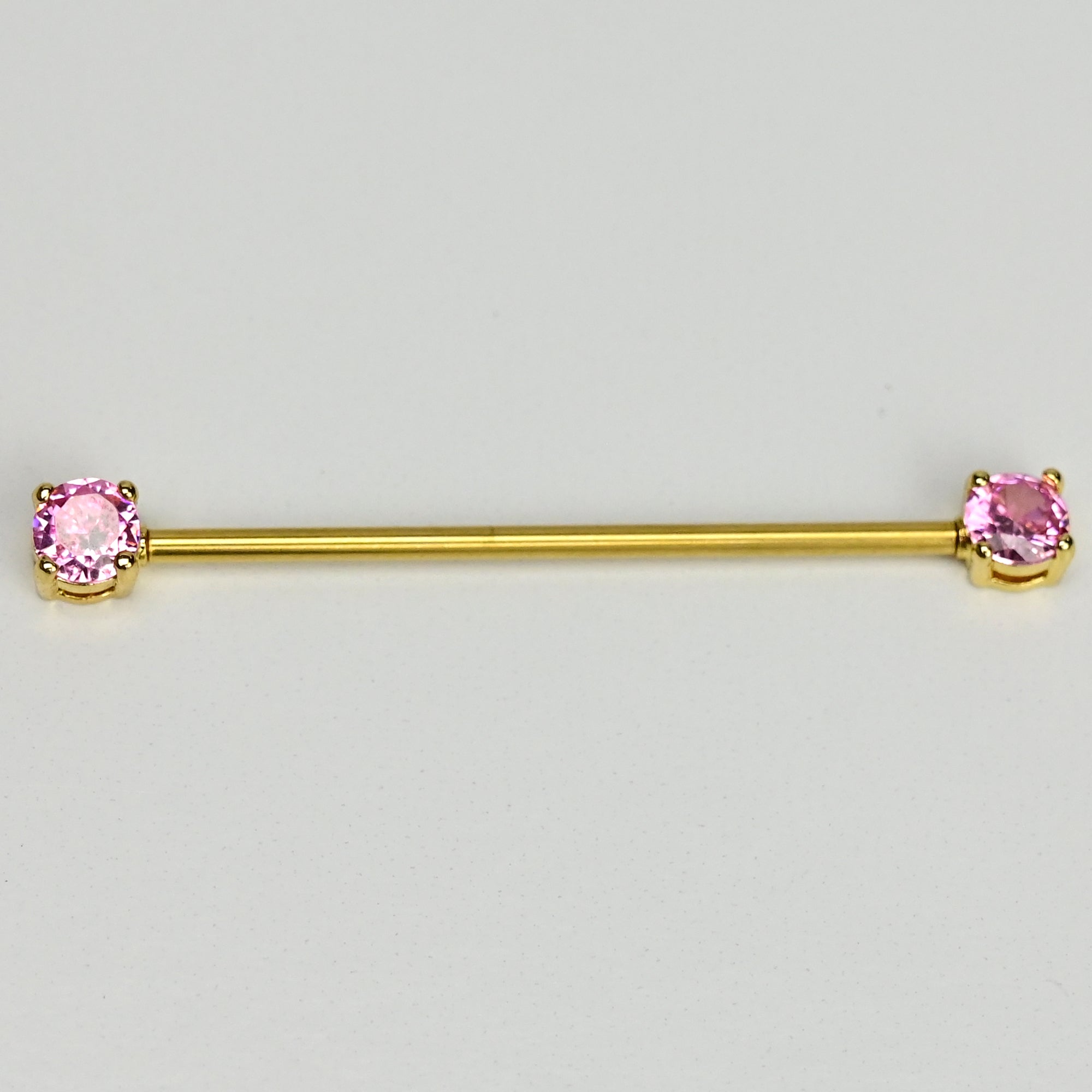 14 Gauge Pink Gem Gold Tone Internally Threaded Industrial Barbell 38mm