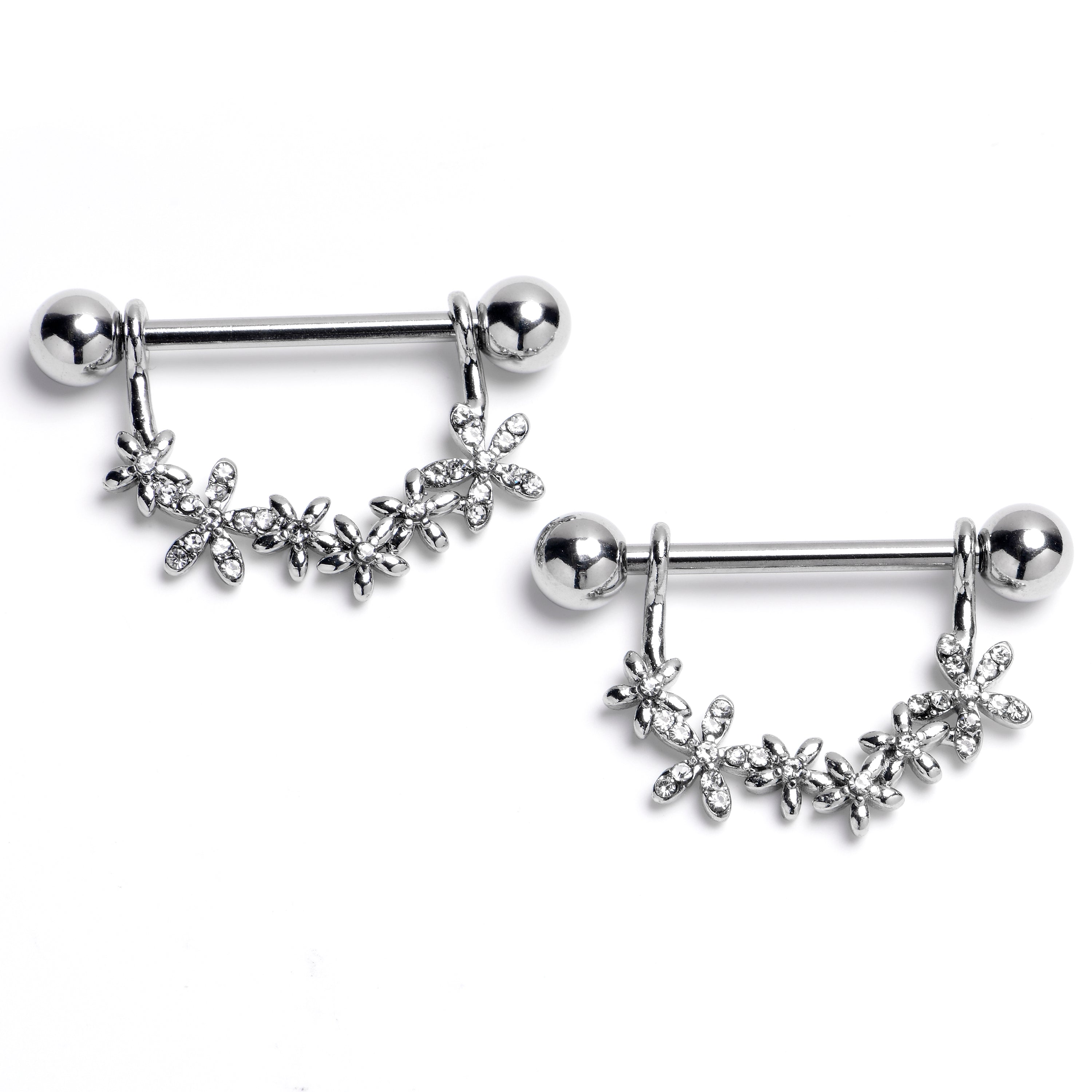 14 Gauge 9/16 Clear Gem Flower Chain Dangle Nipple Ring Set