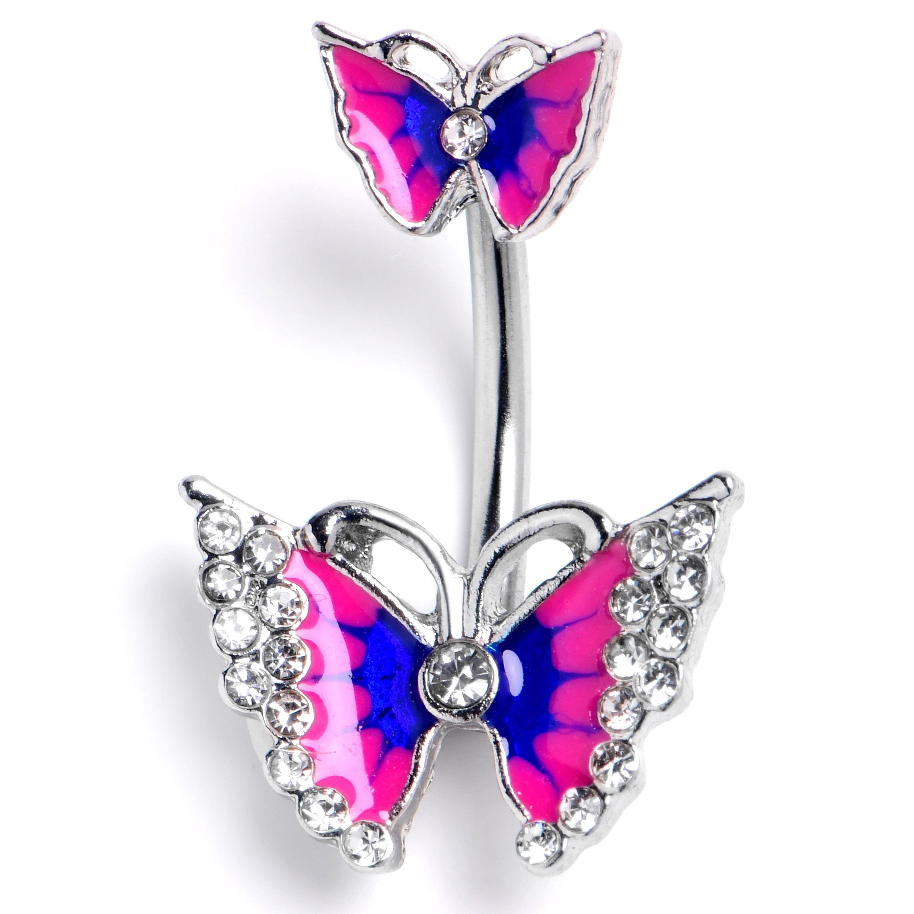 Clear Gem Butterfly Pink Blue Double Mount Belly Ring