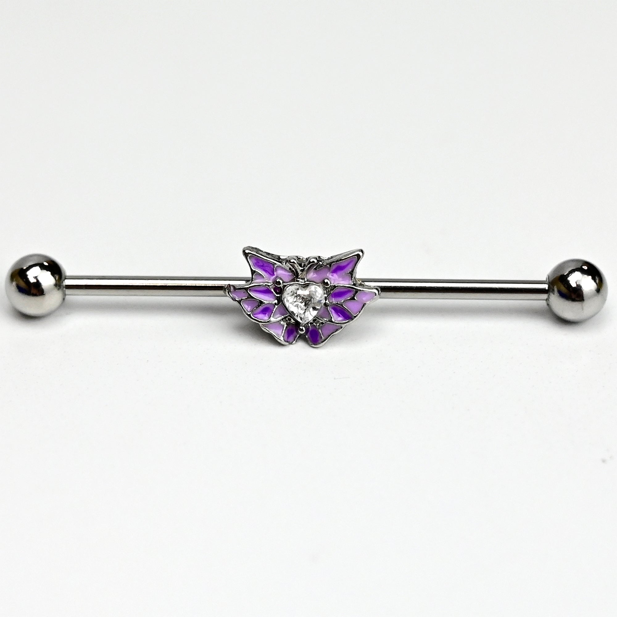 14 Gauge Clear Gem Heart Butterfly Purple Wings Industrial Barbell 38mm