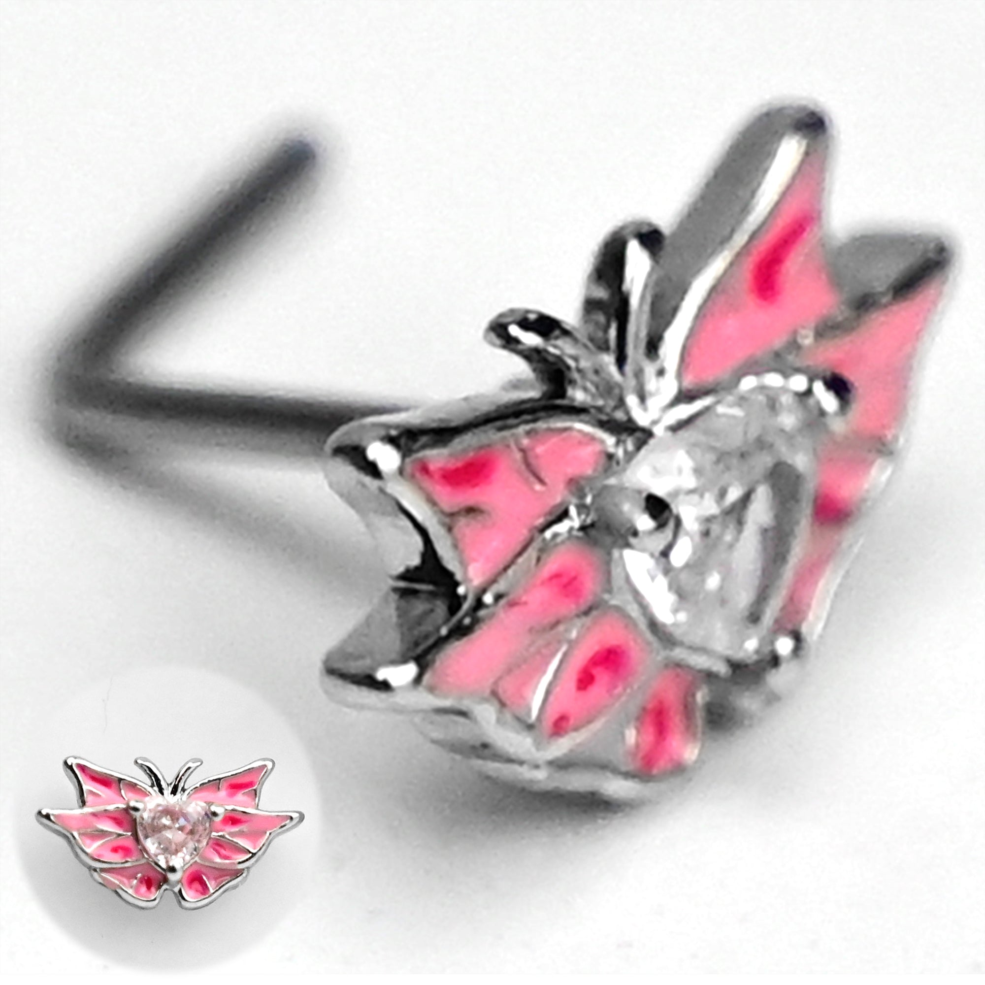 20 Gauge 7mm Clear Gem Heart Butterfly Pink Wings L Shape Nose Ring