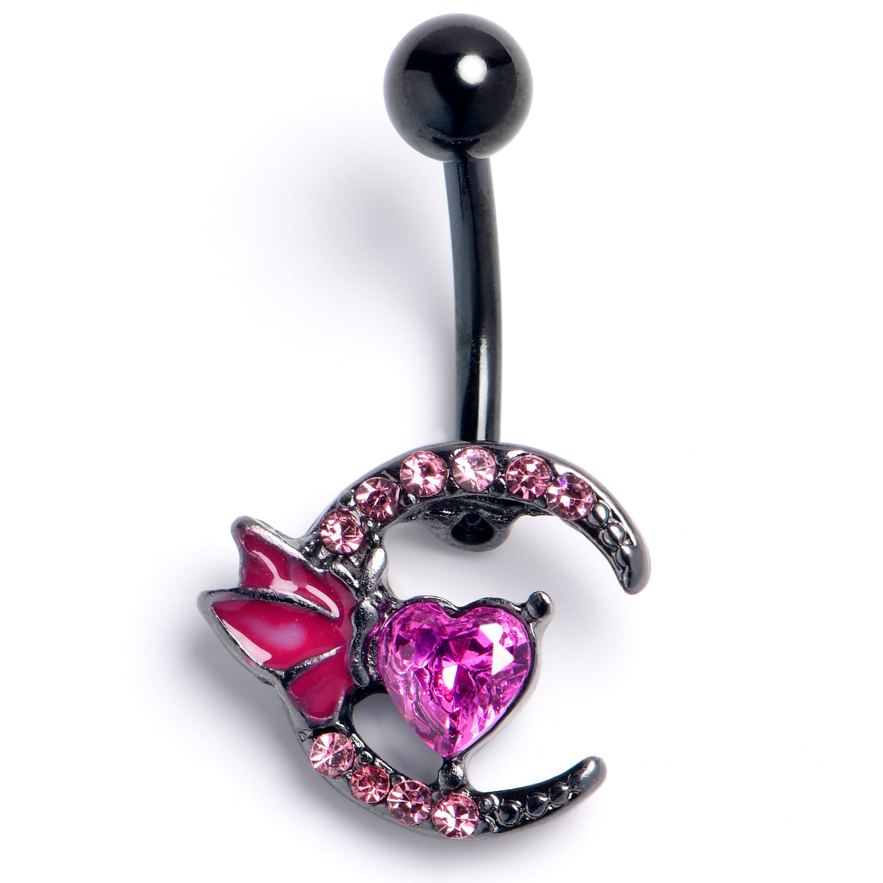 Pink Gem Black Butterfly Moon Heart Belly Ring