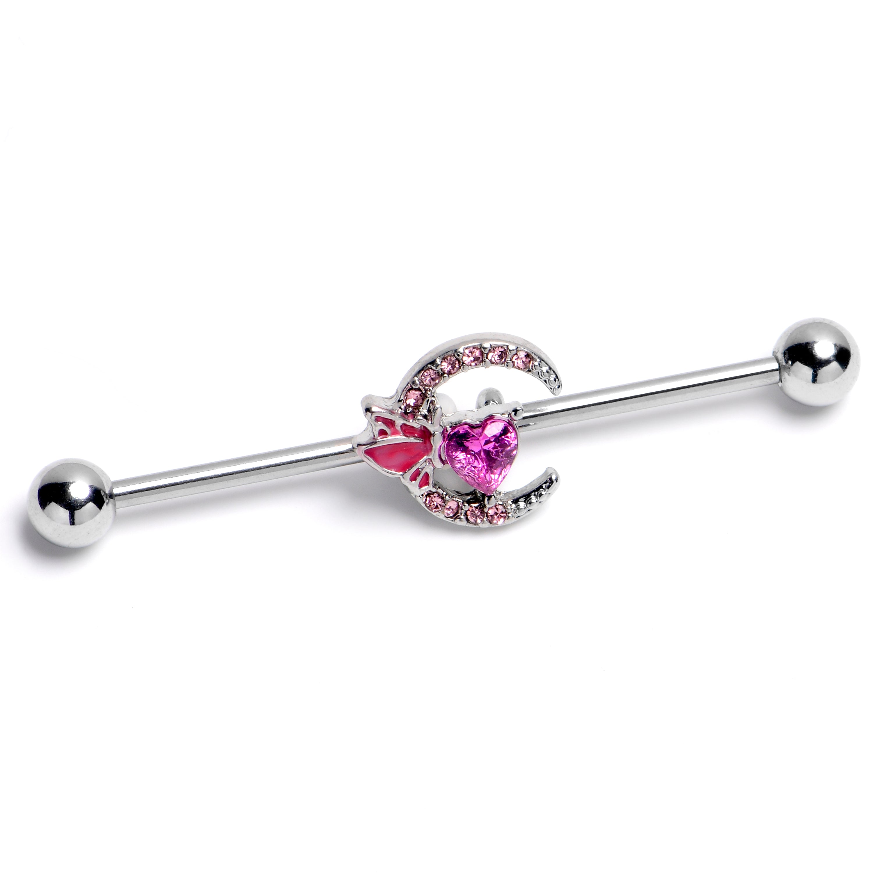 14 Gauge Pink Gem Butterfly Heart Moon Industrial Barbell 38mm