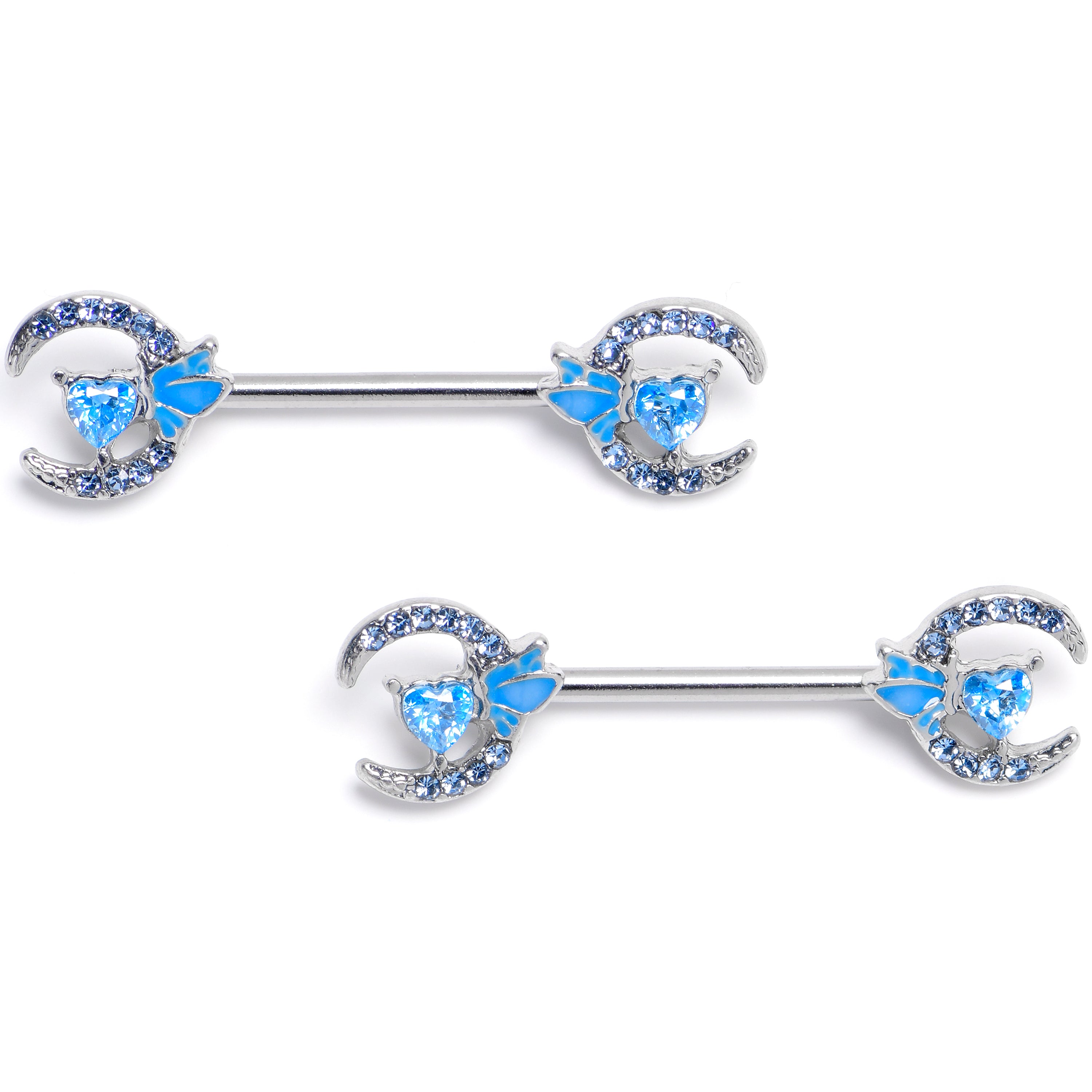 14 Gauge 9/16 Blue Gem Butterfly Heart Moon Barbell Nipple Ring Set