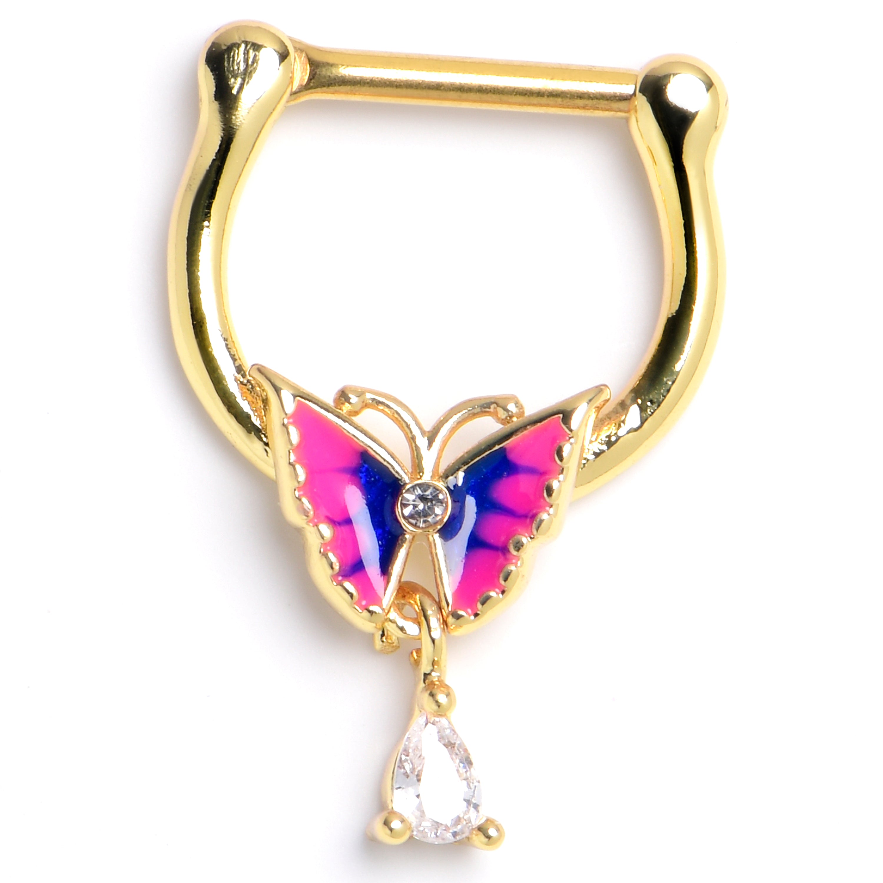 16 Gauge 5/16 Clear CZ Gem Gold Tone Butterfly Pink Dangle Clicker