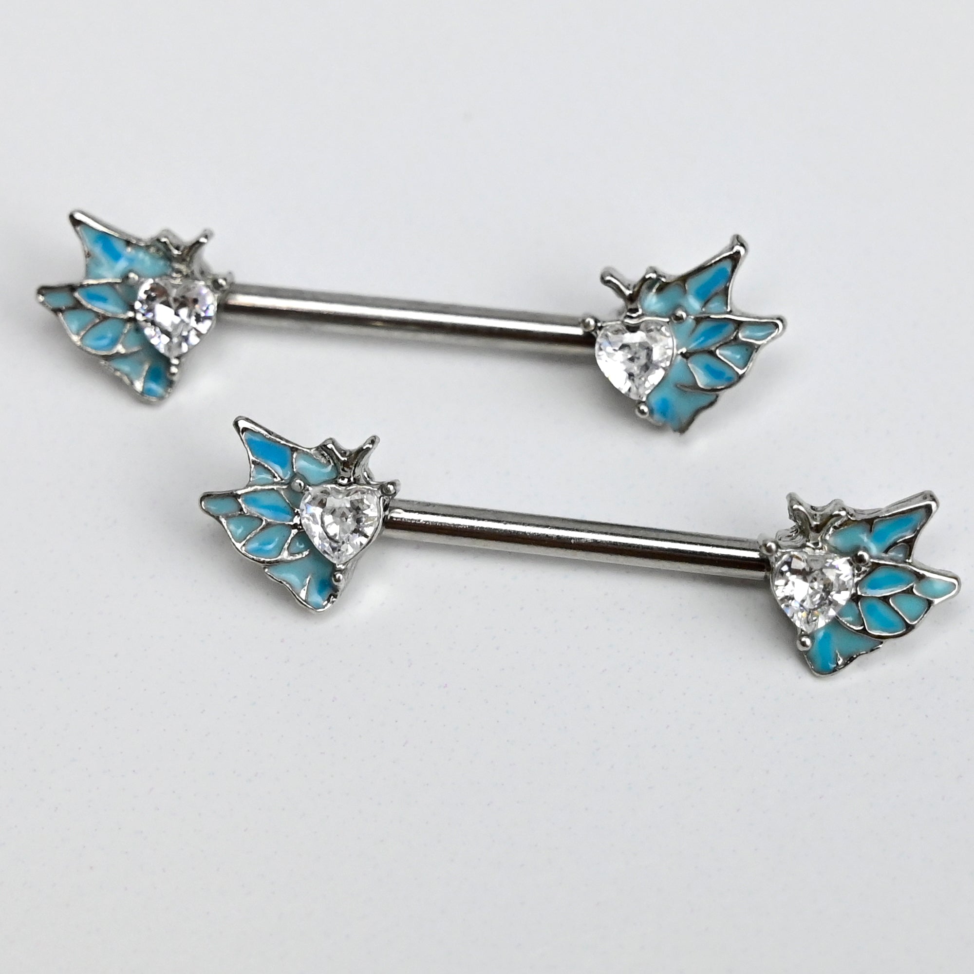 14 Gauge 9/16 Clear Gem Heart Butterfly Blue Barbell Nipple Ring Set