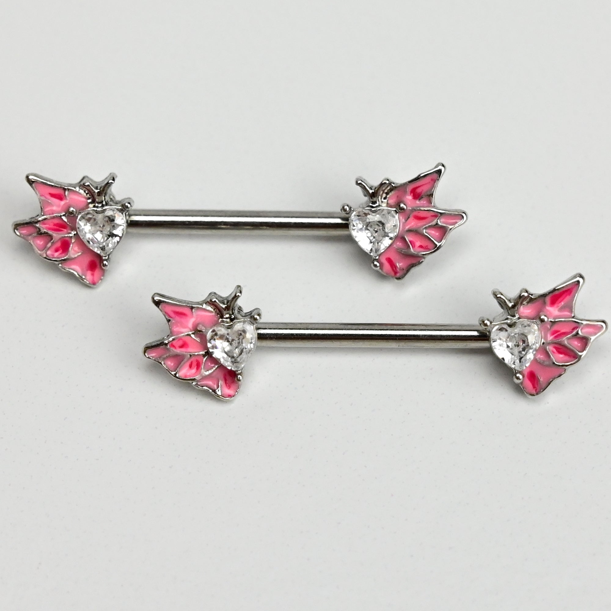 14 Gauge 9/16 Clear Gem Heart Butterfly Pink Barbell Nipple Ring Set