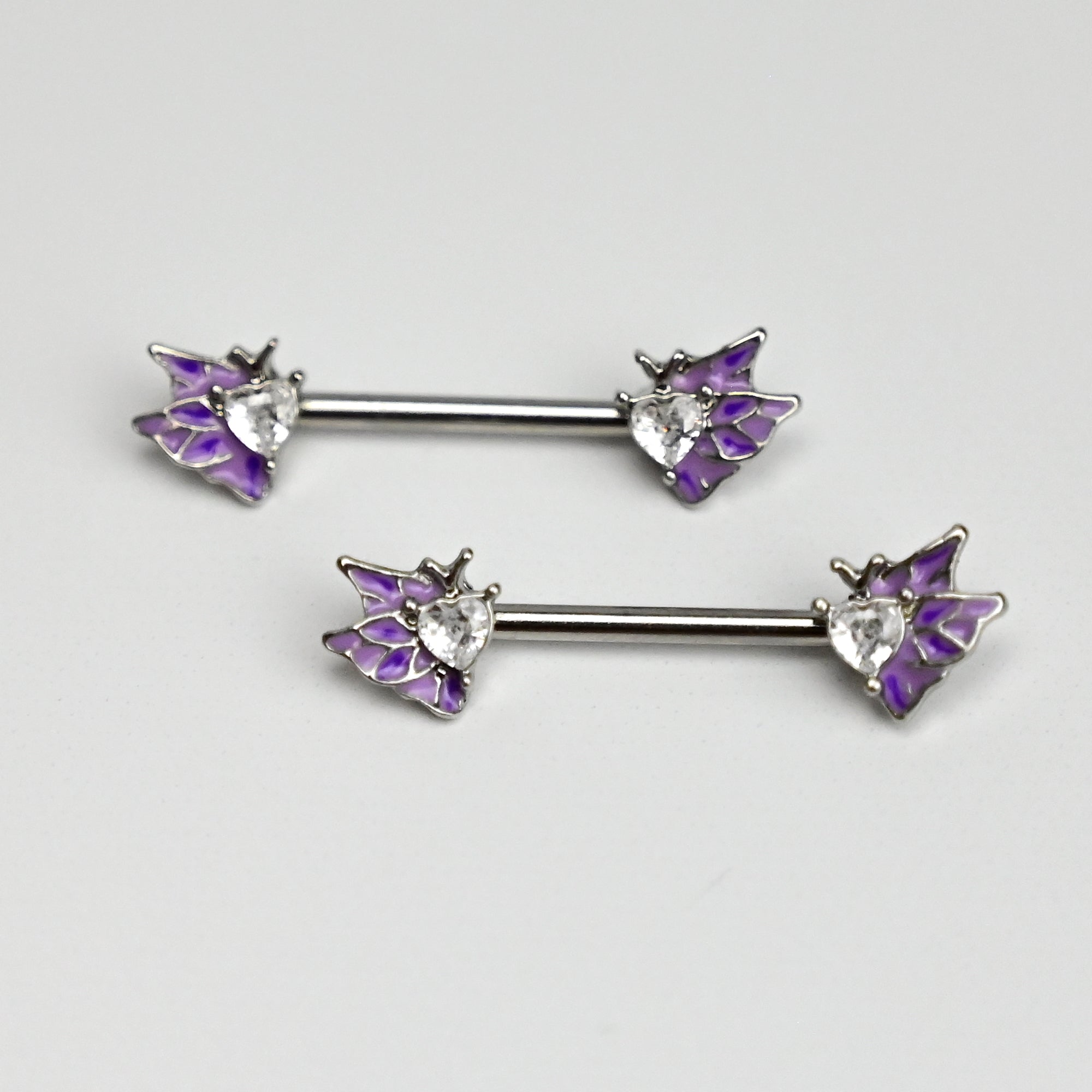 14 Gauge 9/16 Clear Gem Heart Butterfly Purple Barbell Nipple Ring Set