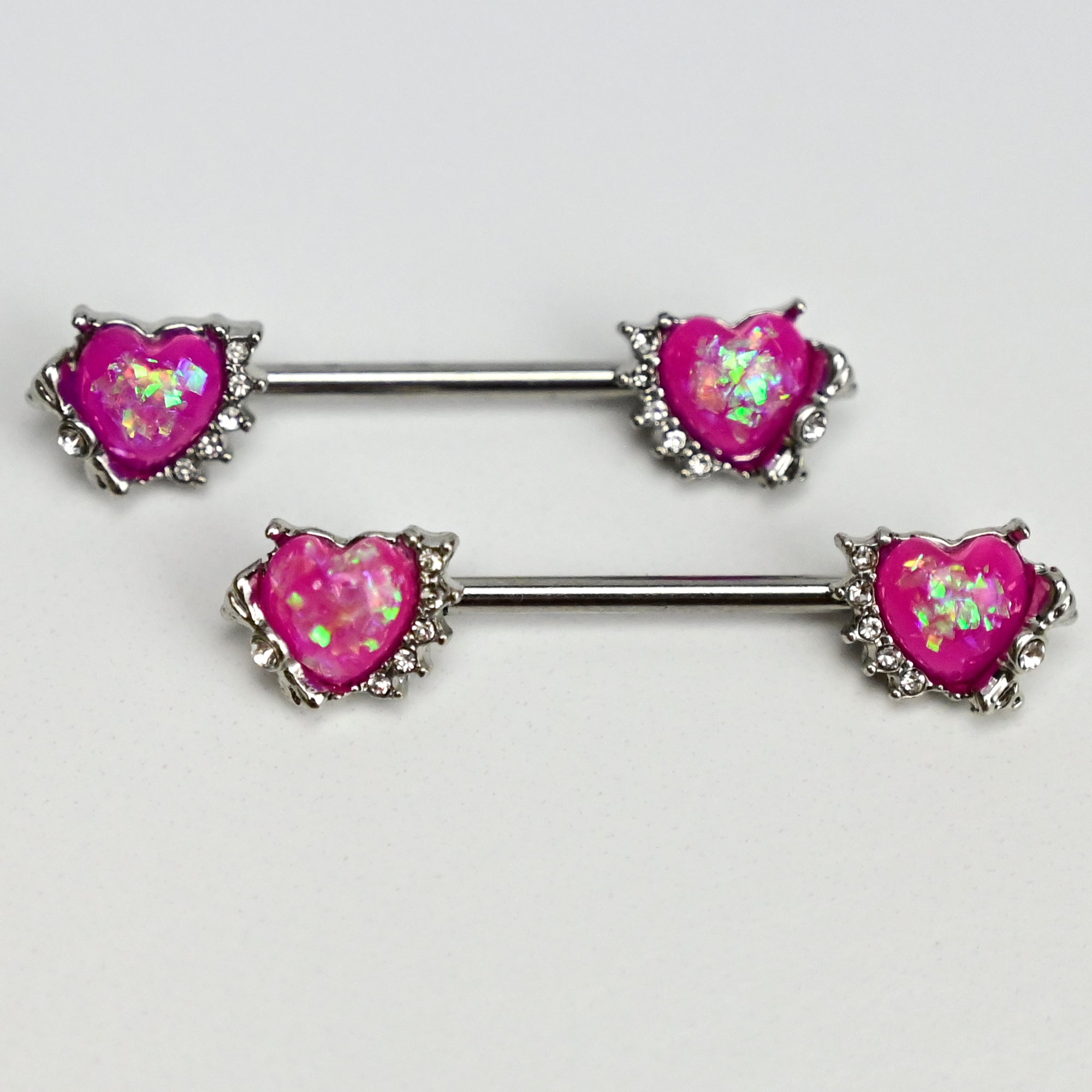 14 Gauge 9/16 Pink Faux Opal Sun Heart Barbell Nipple Ring Set