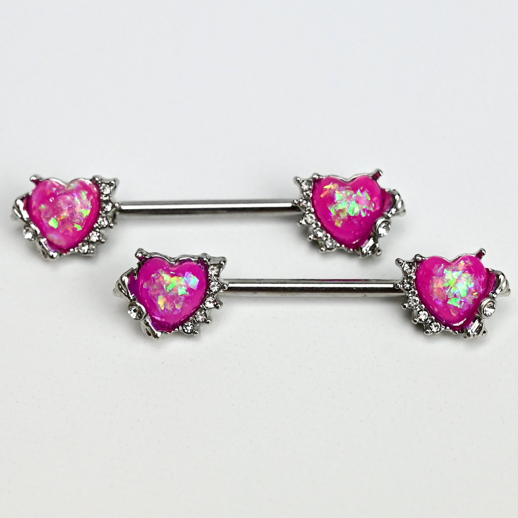 14 Gauge 9/16 Pink Faux Opal Sun Heart Barbell Nipple Ring Set