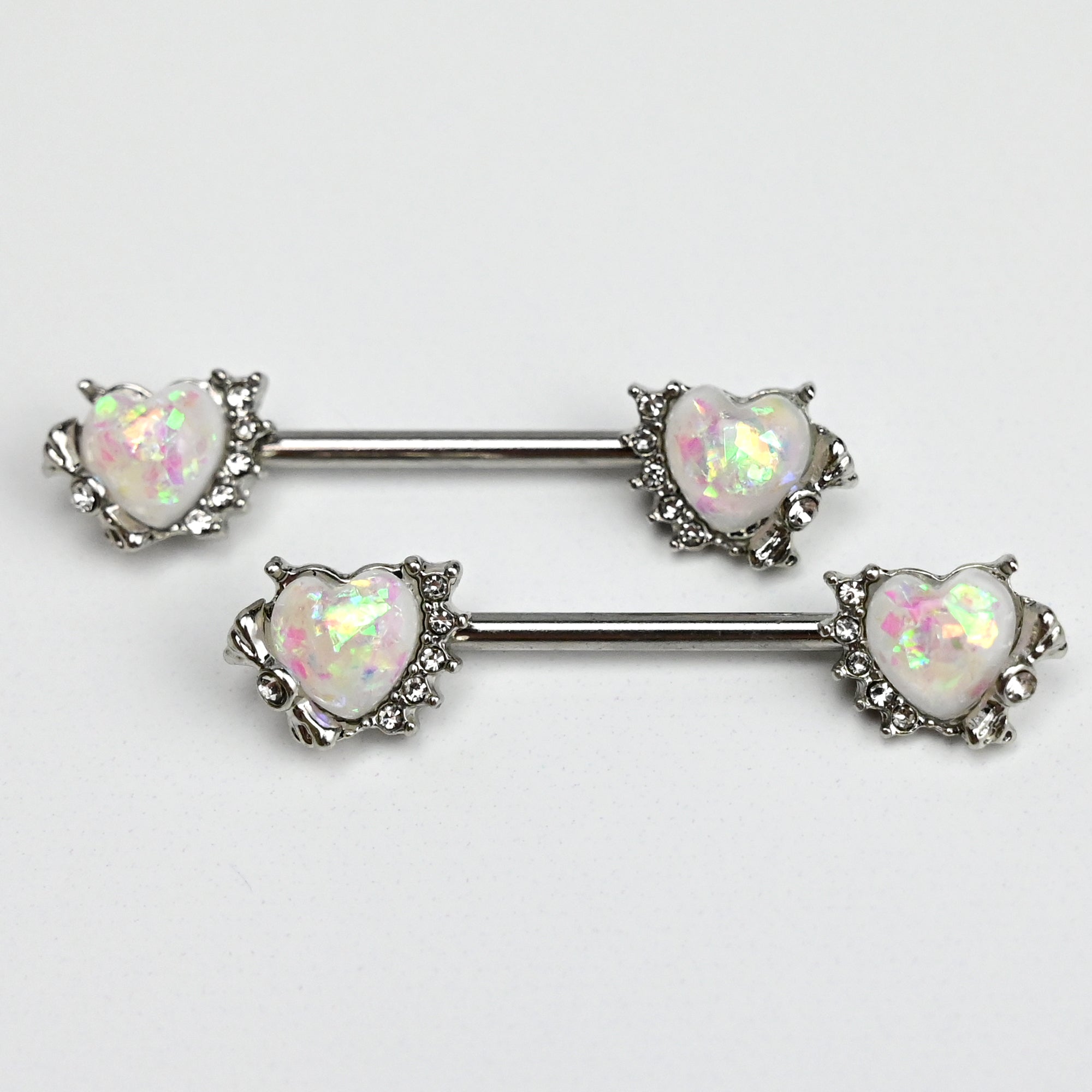 14 Gauge 9/16 White Faux Opal Sun Heart Barbell Nipple Ring Set