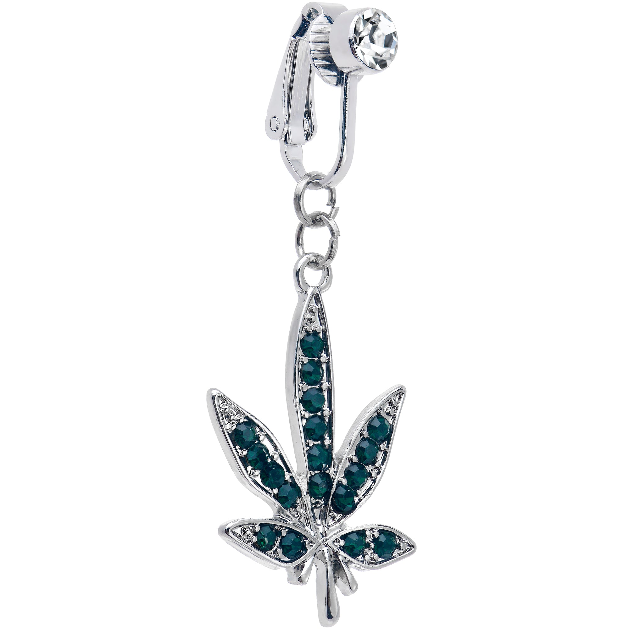 Dark Green CZ Gem Pot Leaf 420 Clip on Fake Belly Ring