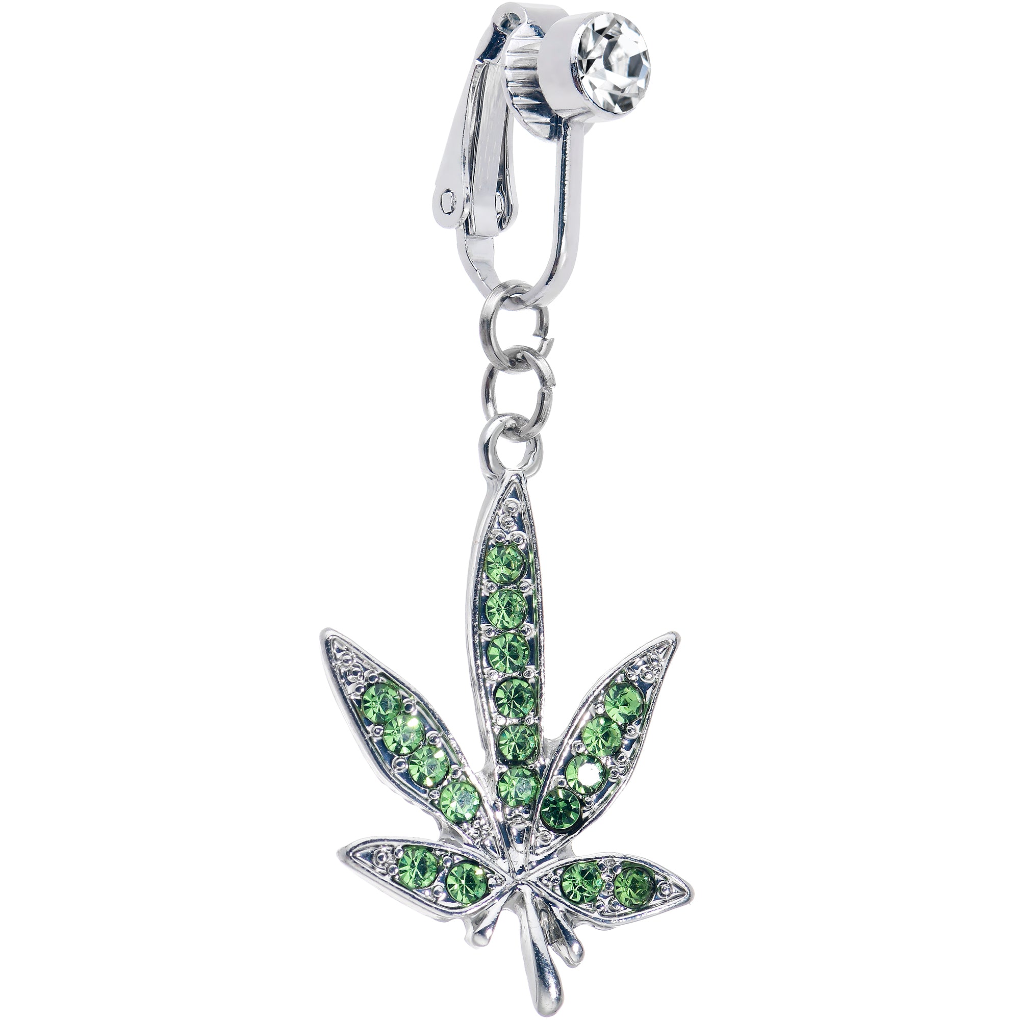 Light Green CZ Gem Pot Leaf 420 Clip on Fake Belly Ring