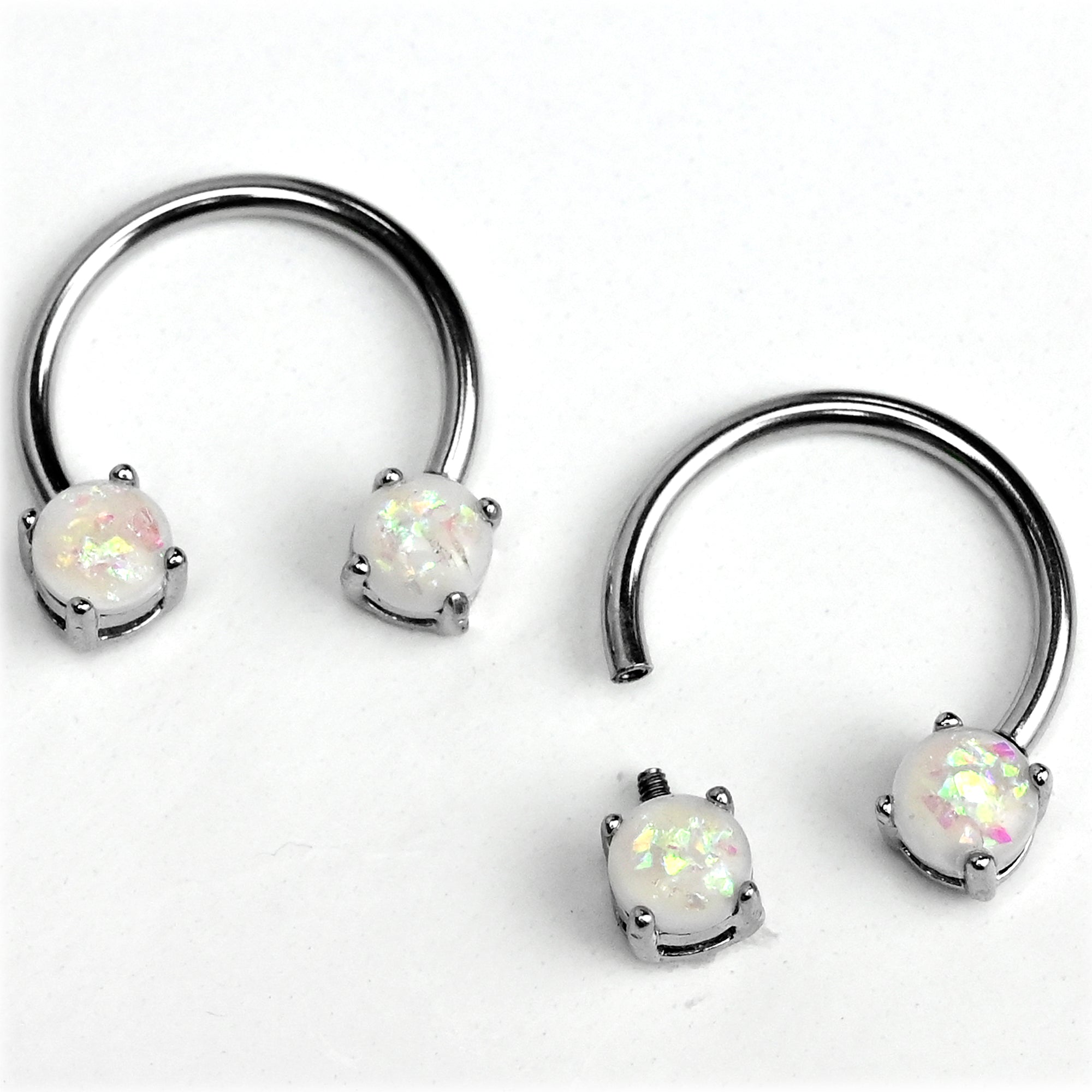 14 Gauge 9/16 White Faux Opal Internally Threaded Horseshoe Nipple Ring Set