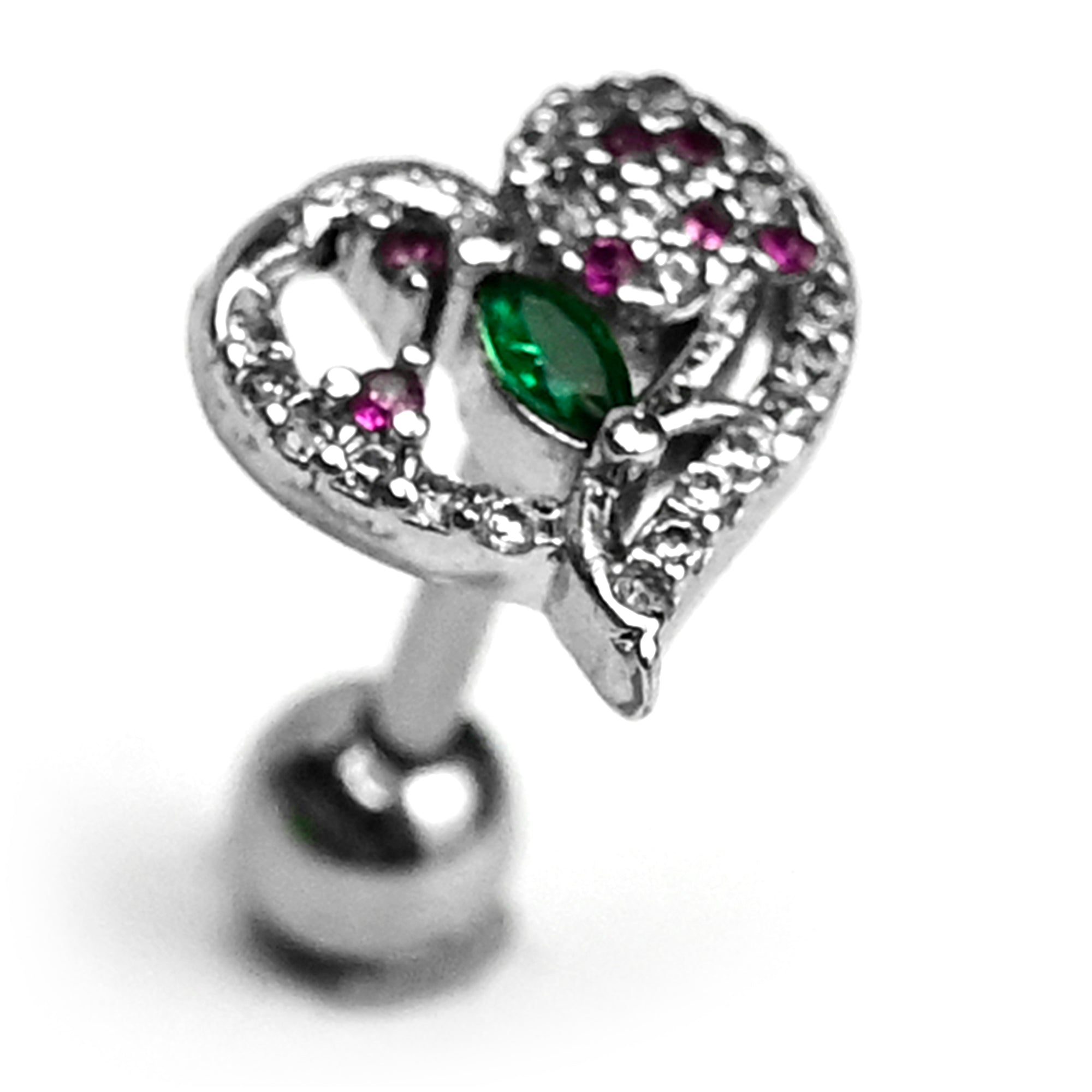 16 Gauge 1/4 Emerald Passion Gem Heart Cartilage Tragus Earring