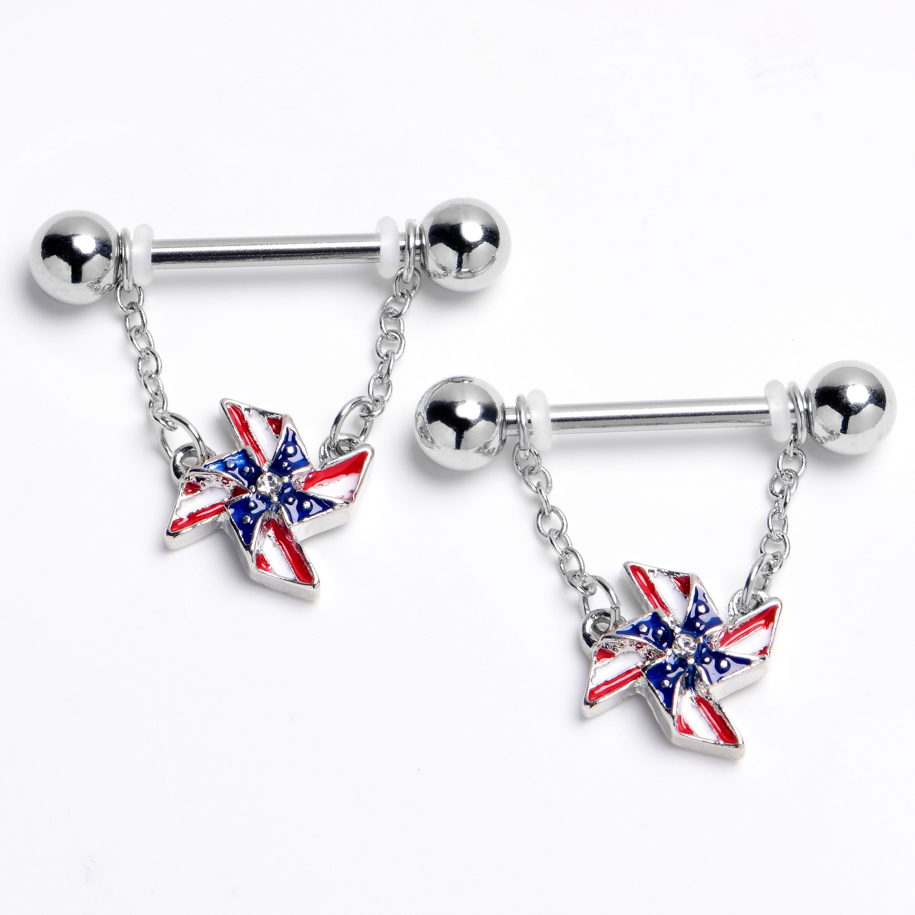 14 Gauge 9/16 Clear Gem Festive Patriot Pinwheel Dangle Nipple Ring Set