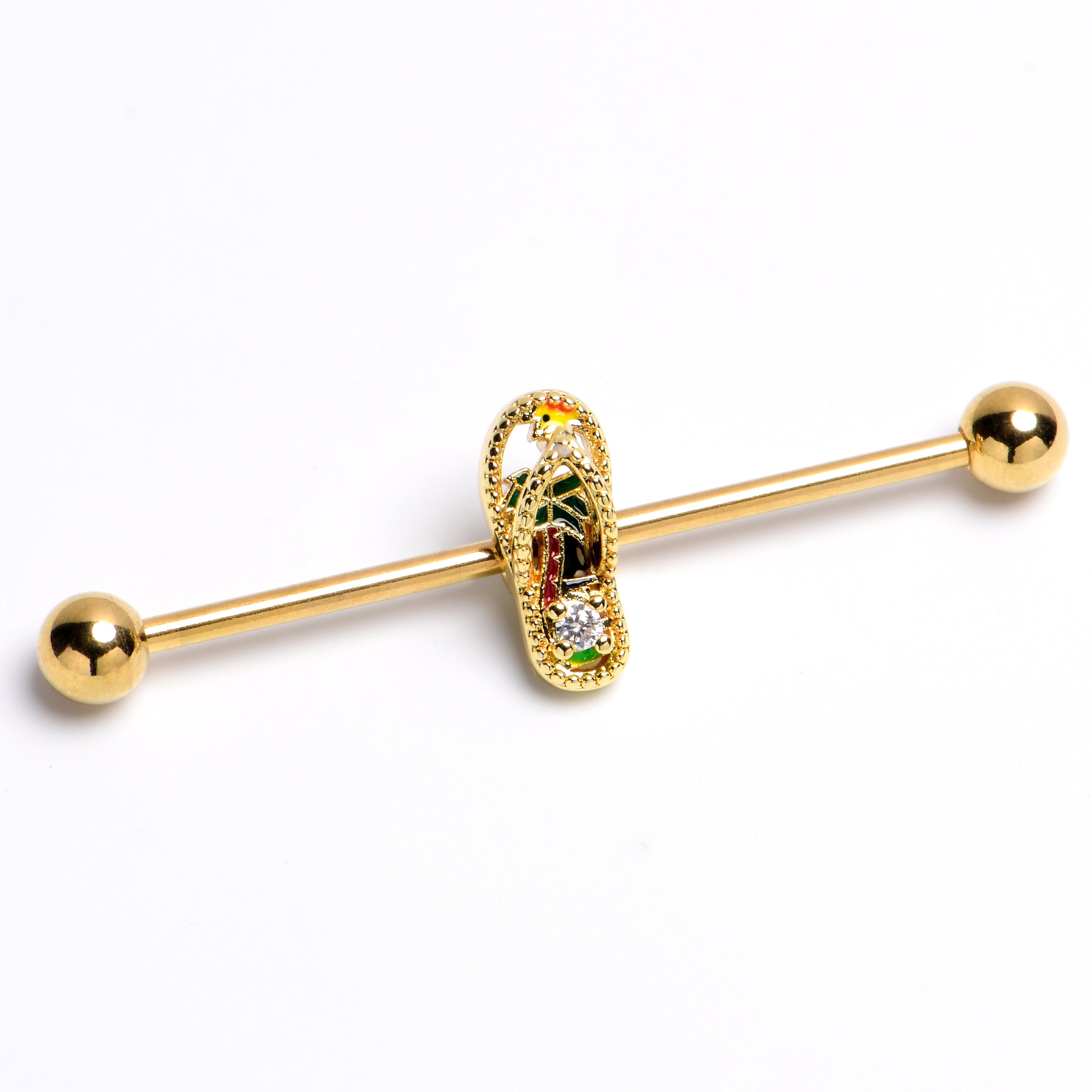 14 Gauge Clear Gem Gold Tone Beach Sandal Industrial Barbell 38mm