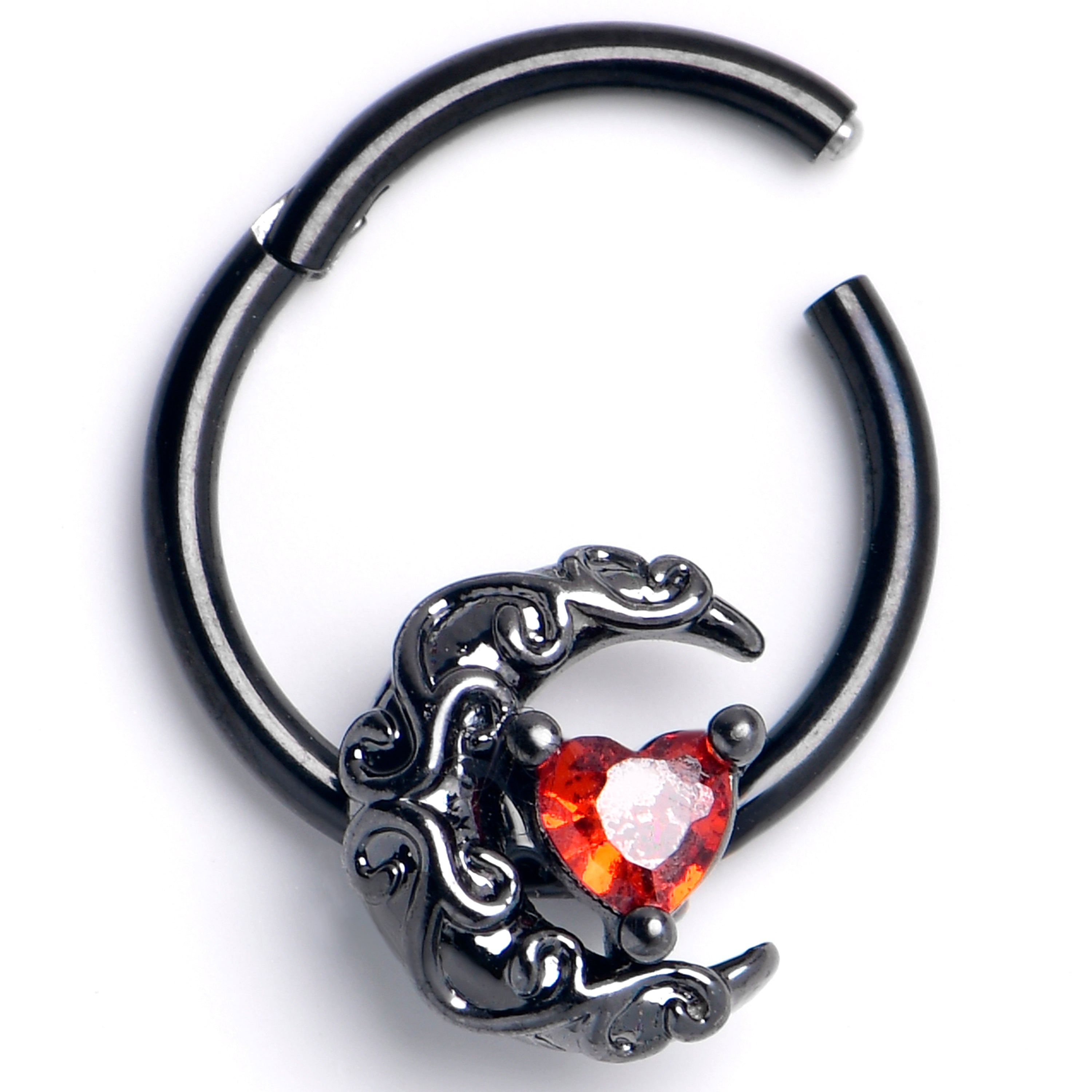 16 Gauge 3/8 Red CZ Gem Black Scrolling Moon Heart Hinged Segment Ring