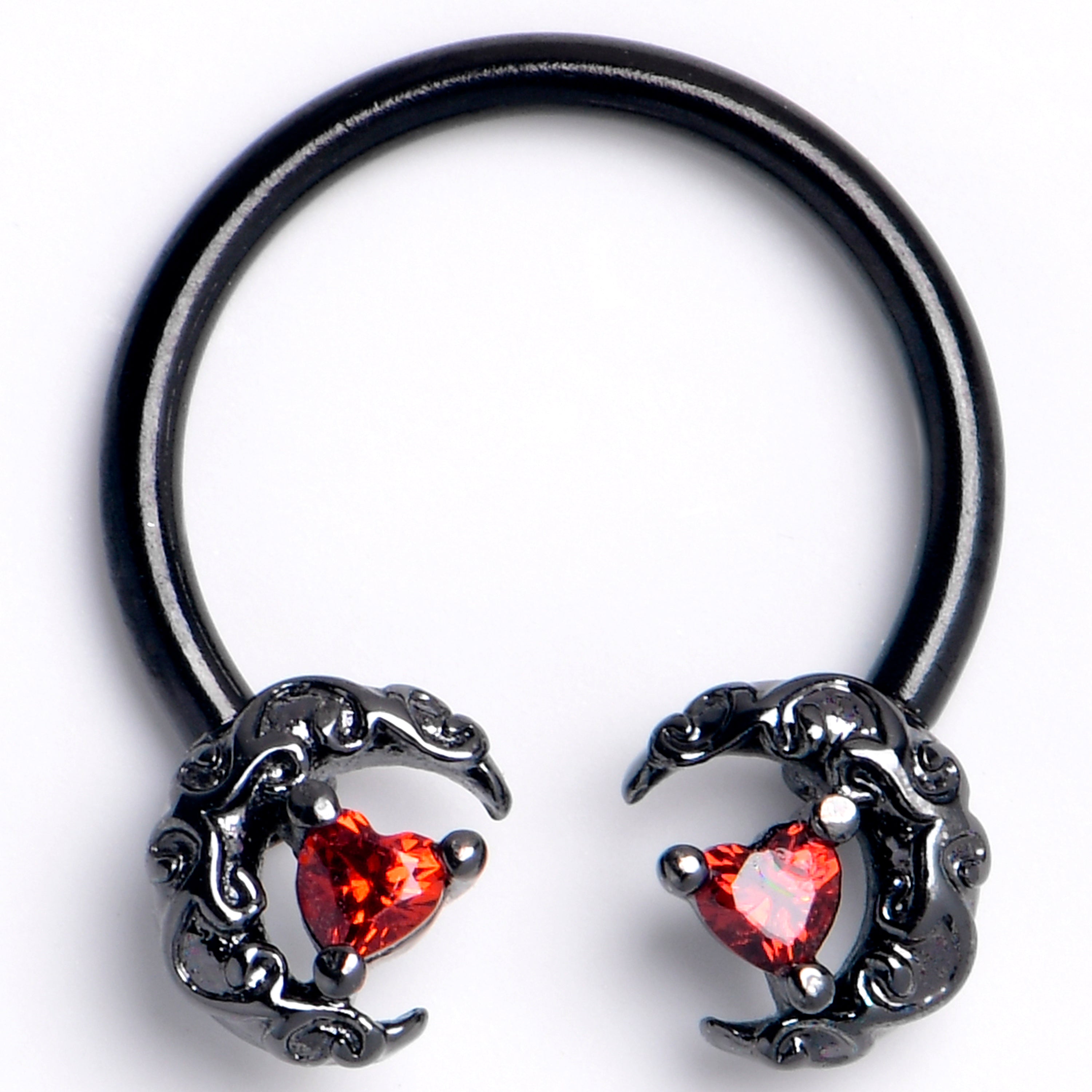 16 Gauge 3/8 Red CZ Gem Black Scrolling Moon Heart Horseshoe Barbell