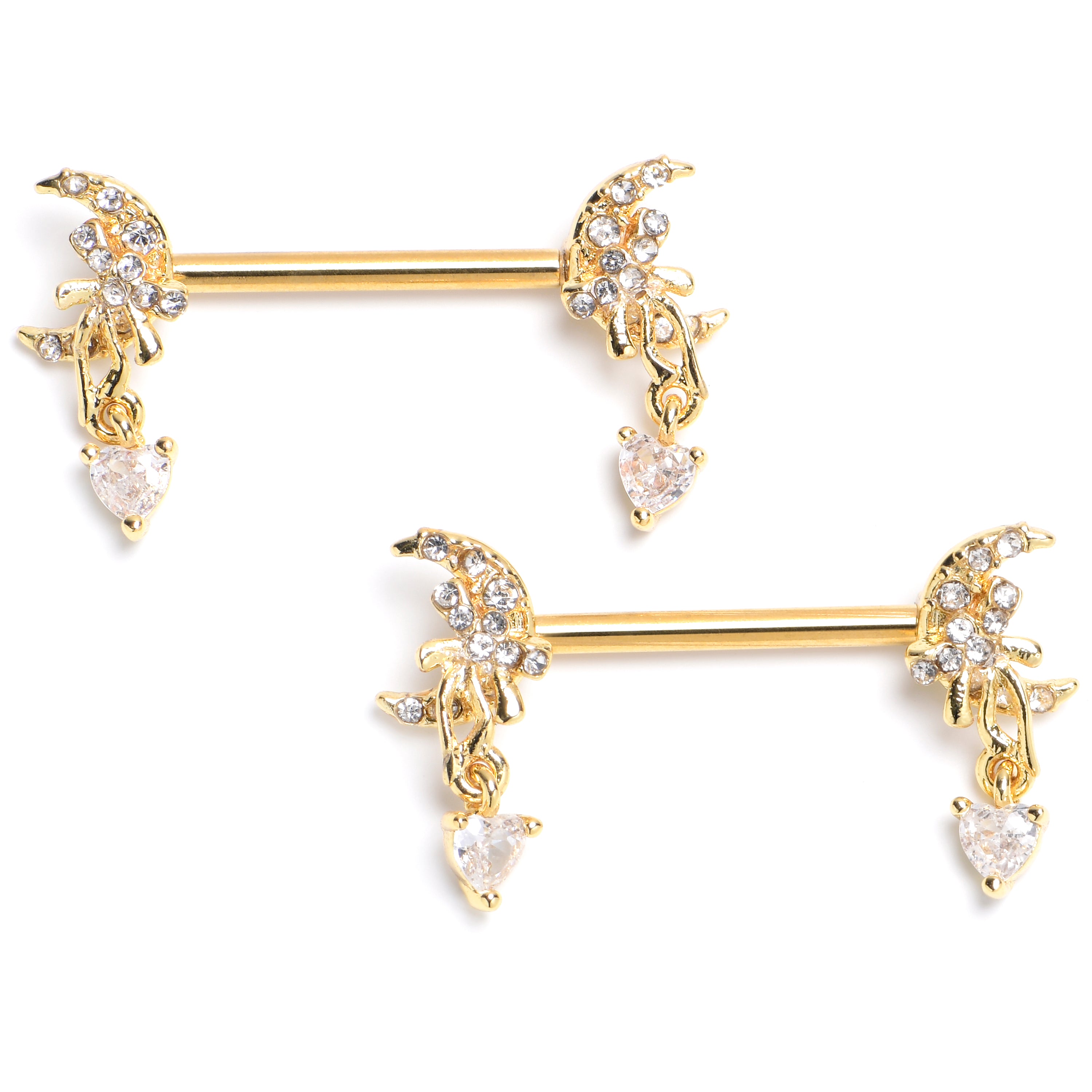 14 Gauge 9/16 Clear CZ Gem Gold Tone Moon Bow Heart Dangle Nipple Ring Set