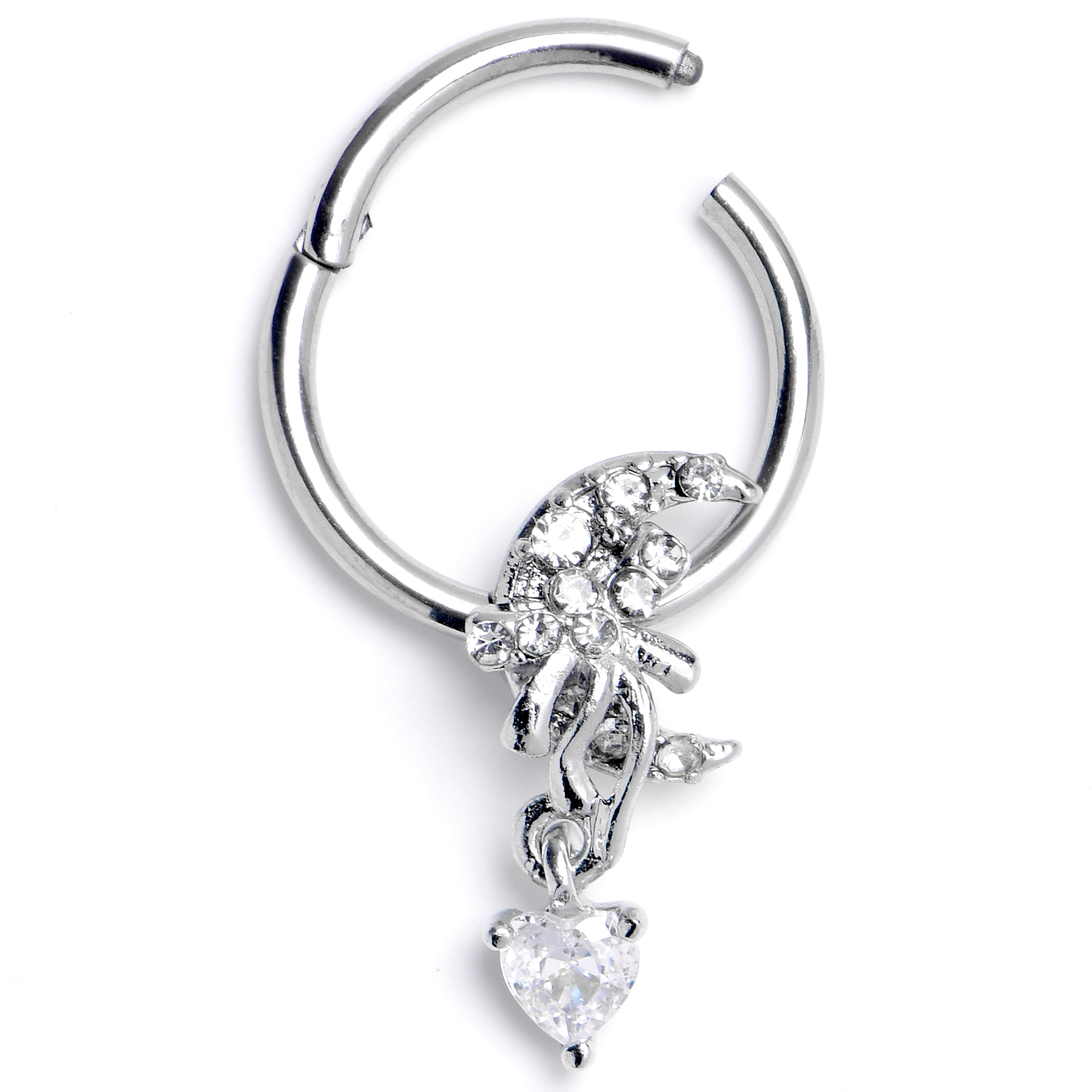 16 Gauge Clear CZ Gem Moon Bow Heart Dangle Hinged Segment Ring