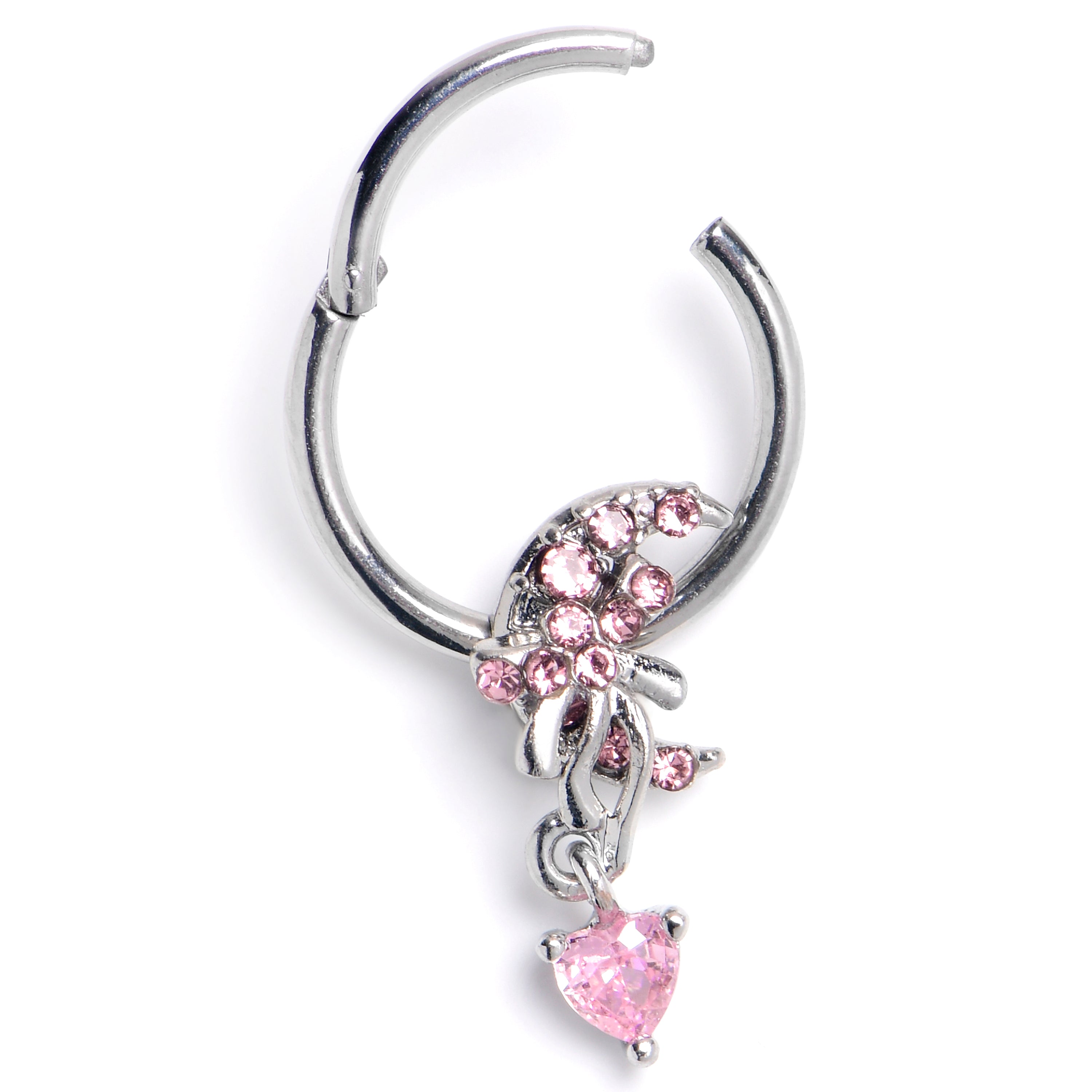 16 Gauge Pink CZ Gem Moon Bow Heart Dangle Hinged Segment Ring