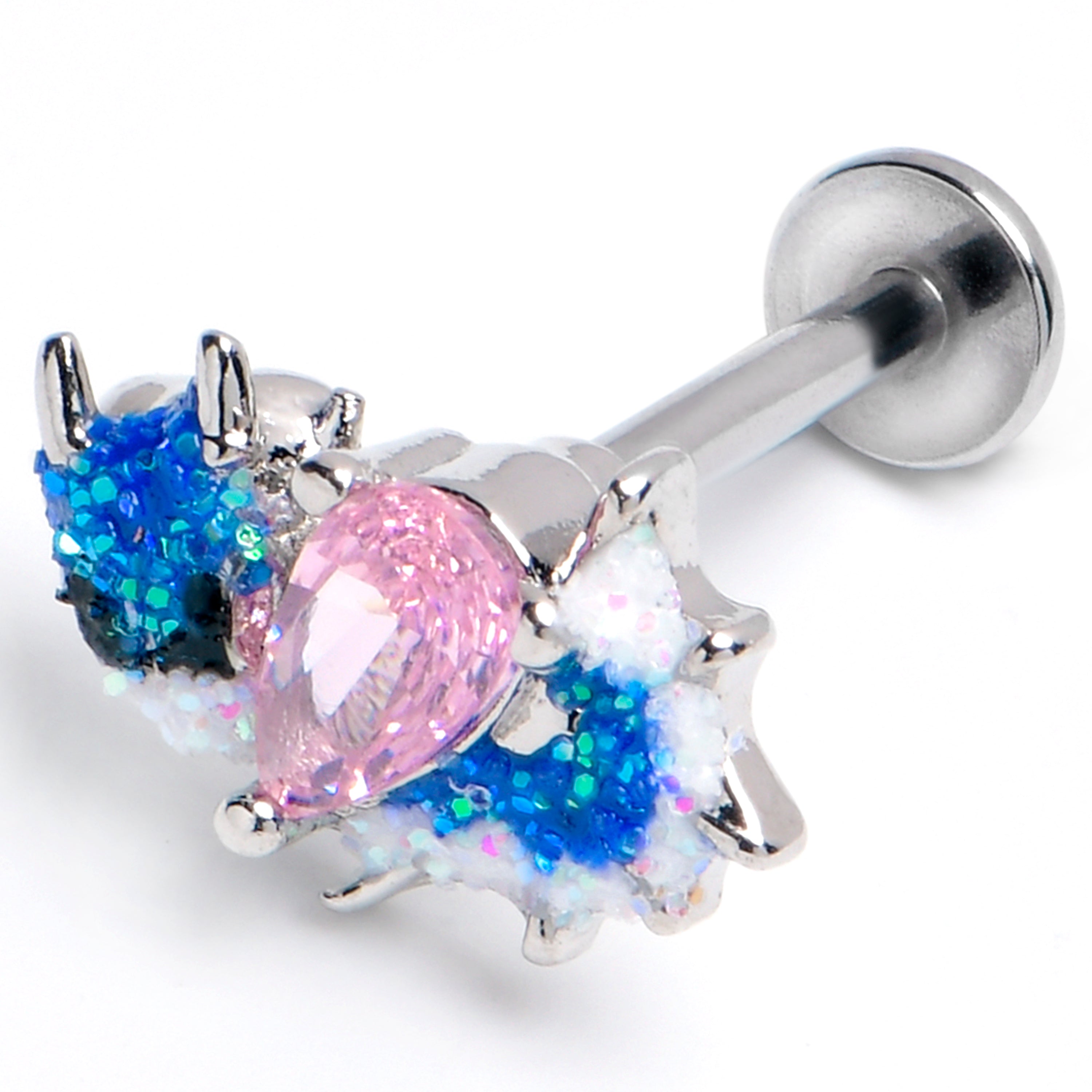 16 Gauge 5/16 Pink CZ Gem Sea Monster Glitter Blue Labret Monroe Tragus