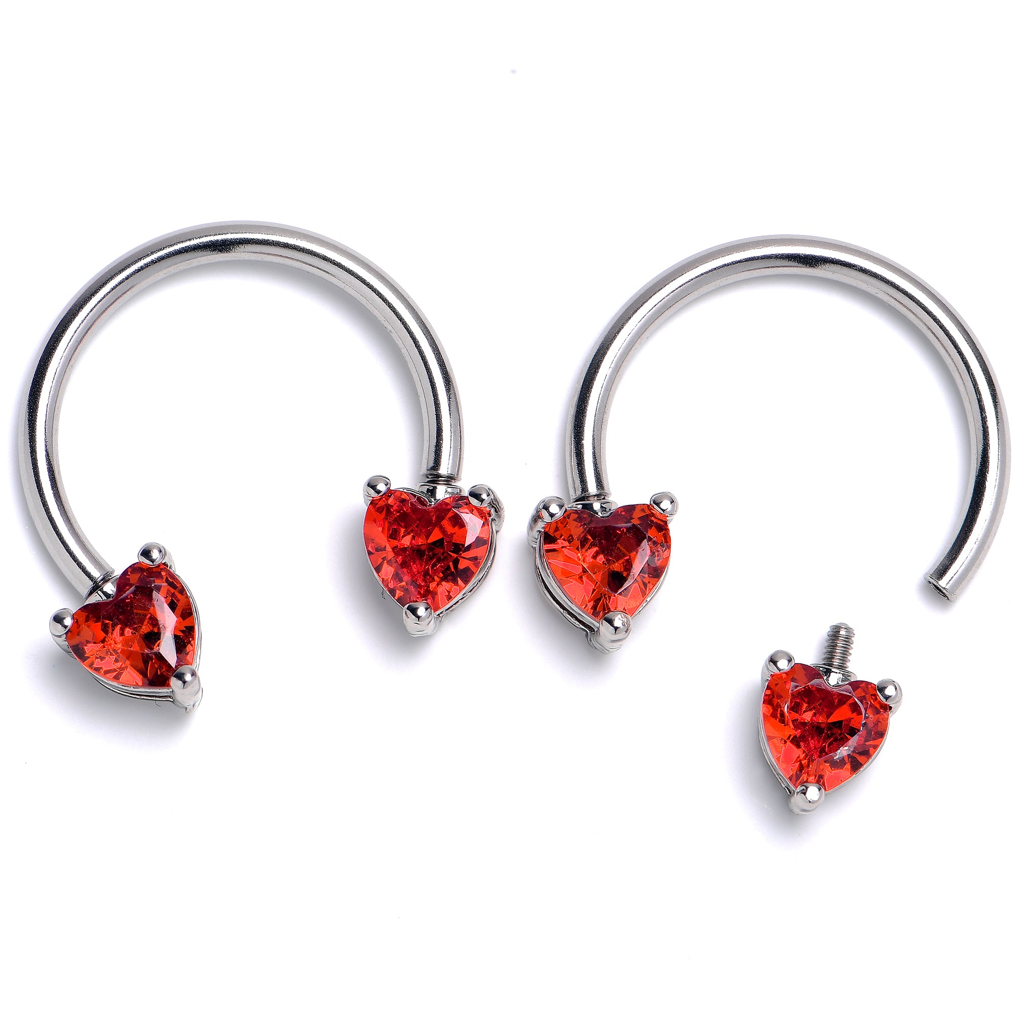 14 Gauge 9/16 Red CZ Gem Heart Internally Threaded Horseshoe Set