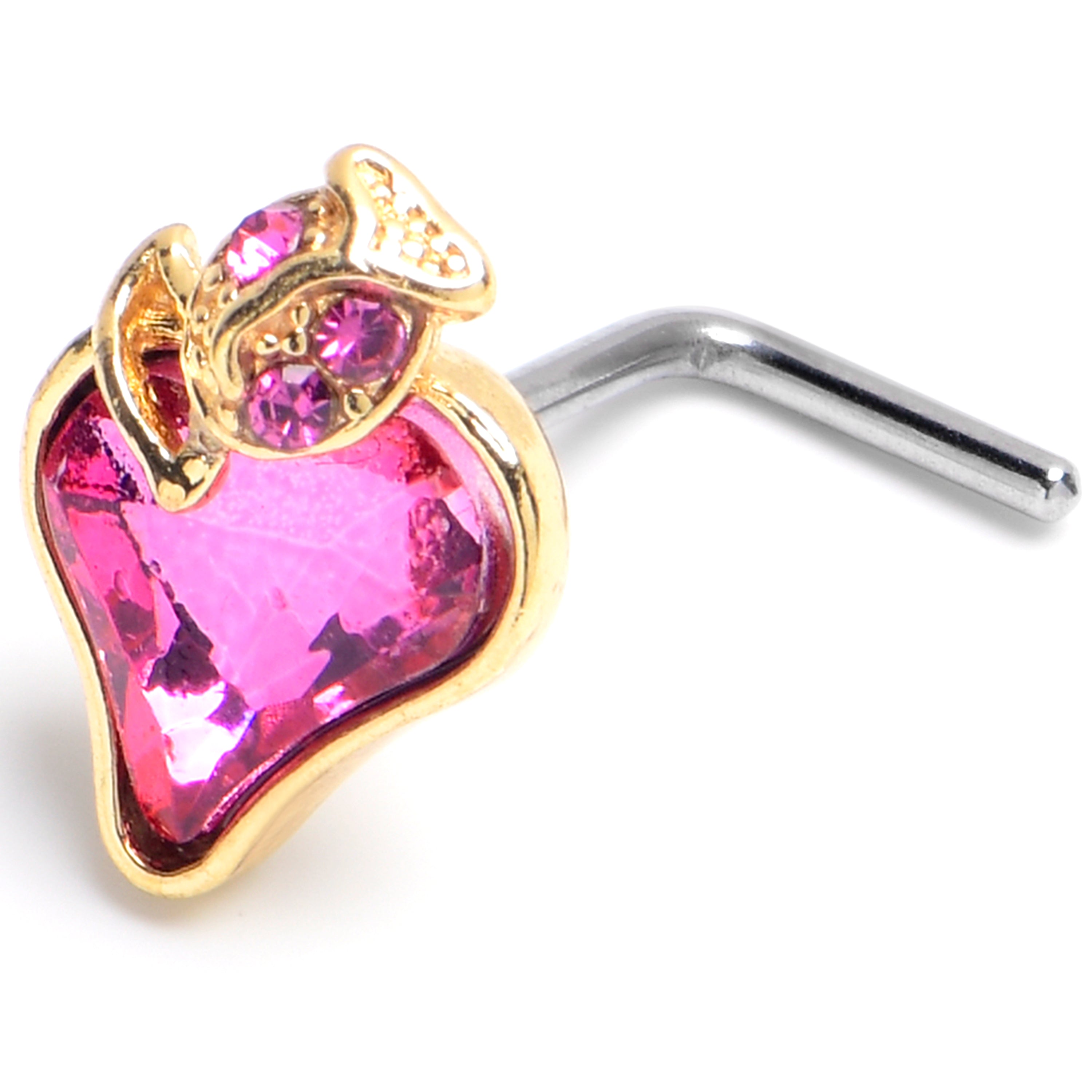 20 Gauge 1/4 Pink Gem Strawberry Love Golden L Shape Nose Ring