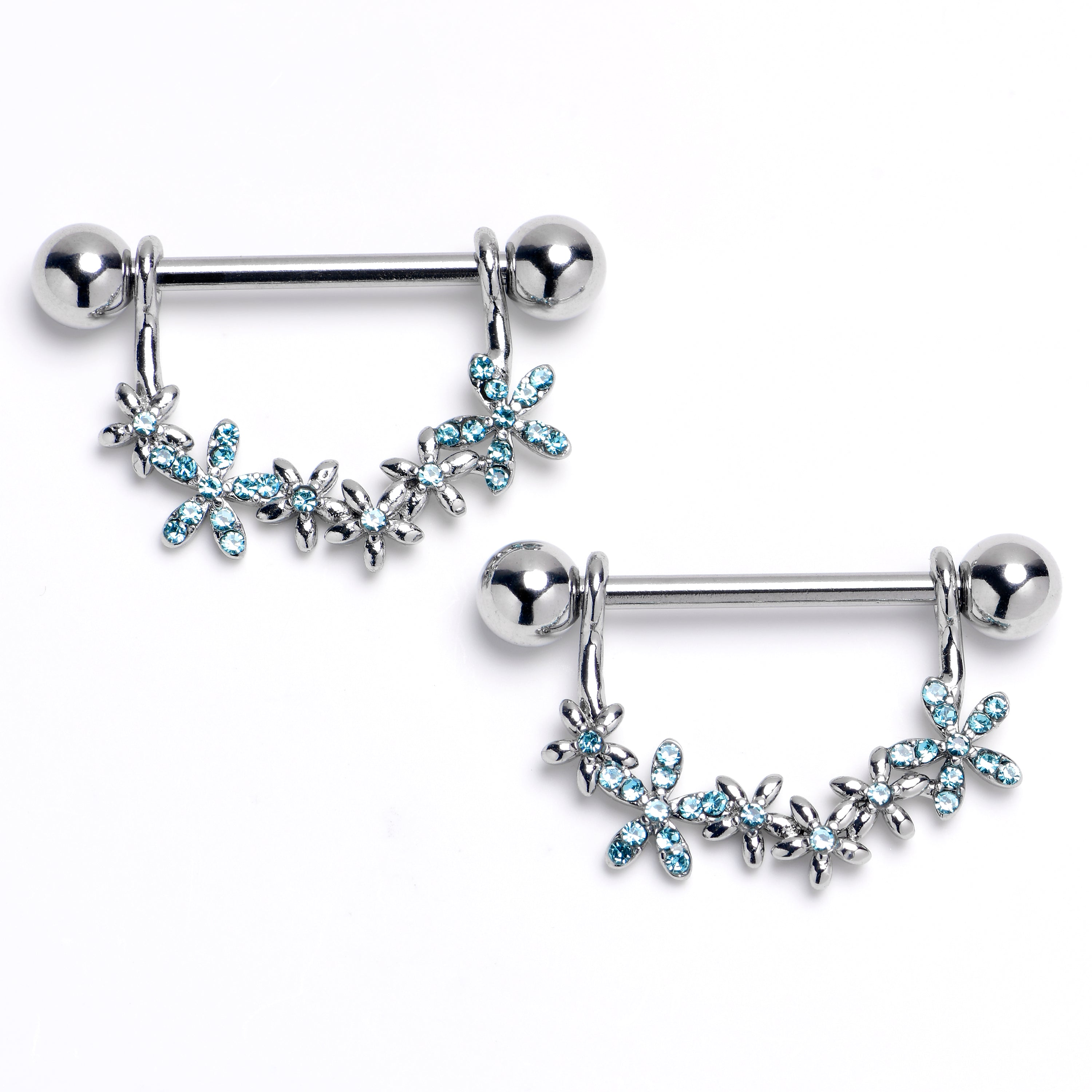 14 Gauge 9/16 Blue CZ Gem Flower Chain Dangle Nipple Ring Set