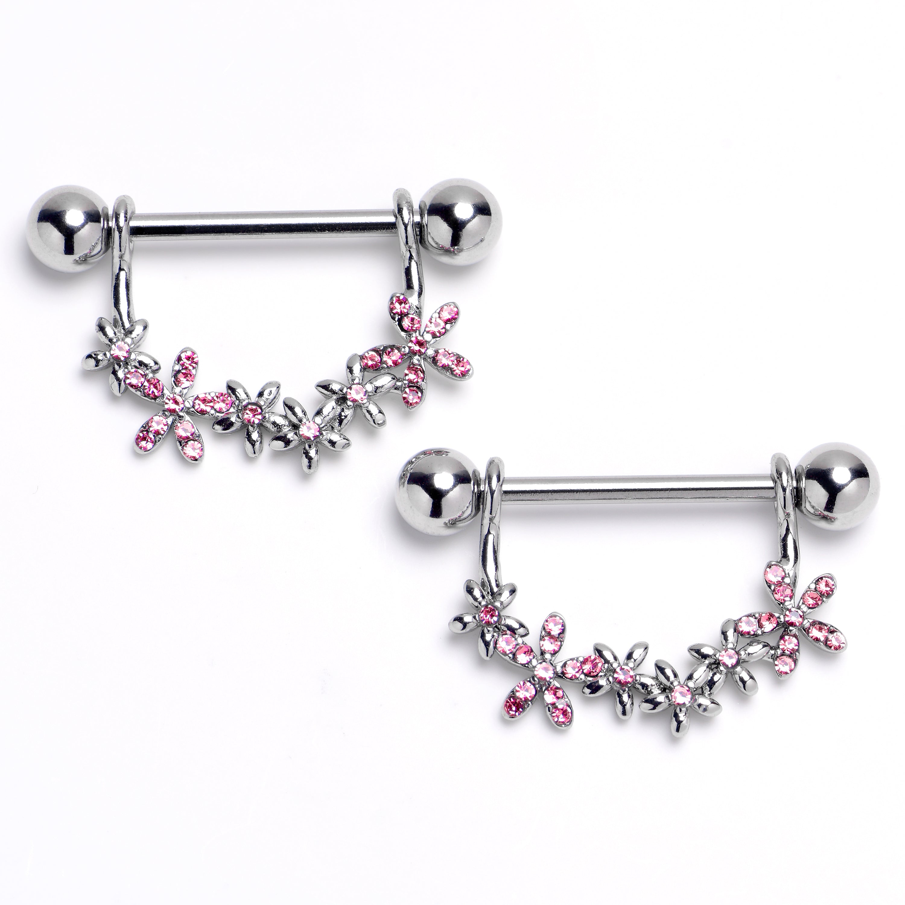 14 Gauge 9/16 Pink CZ Gem Flower Chain Dangle Nipple Ring Set