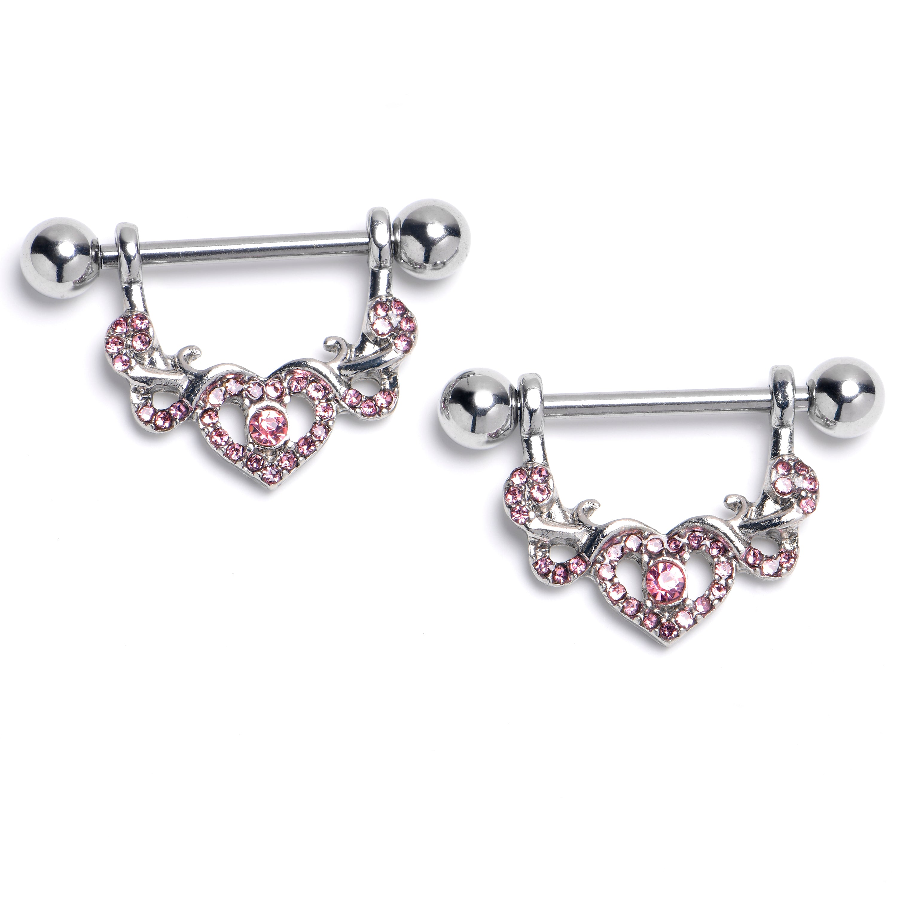 14 Gauge 9/16 Pink CZ Gem Ornate Hearts Dangle Nipple Ring Set