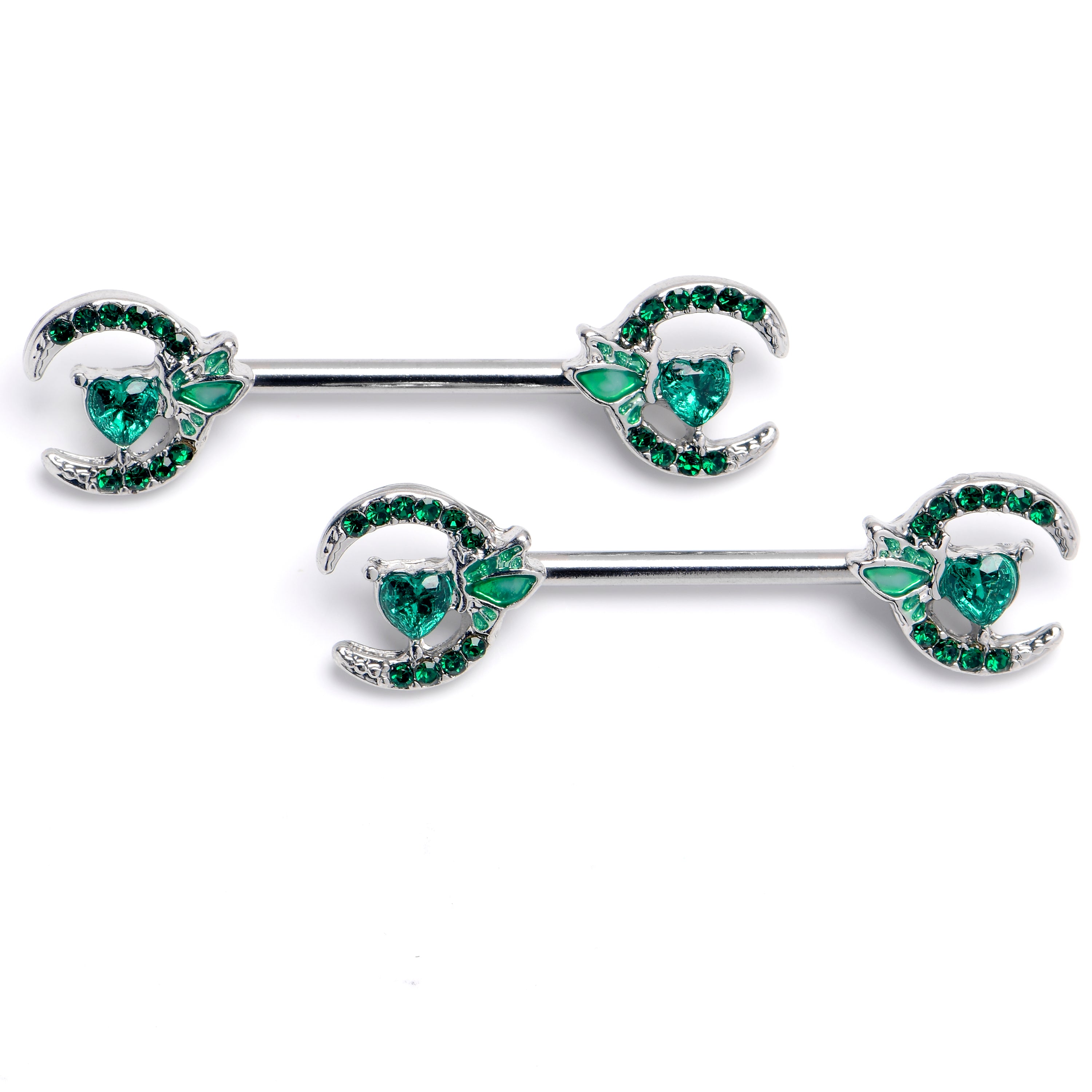 14 Gauge 9/16 Green Gem Butterfly Heart Moon Barbell Nipple Ring Set