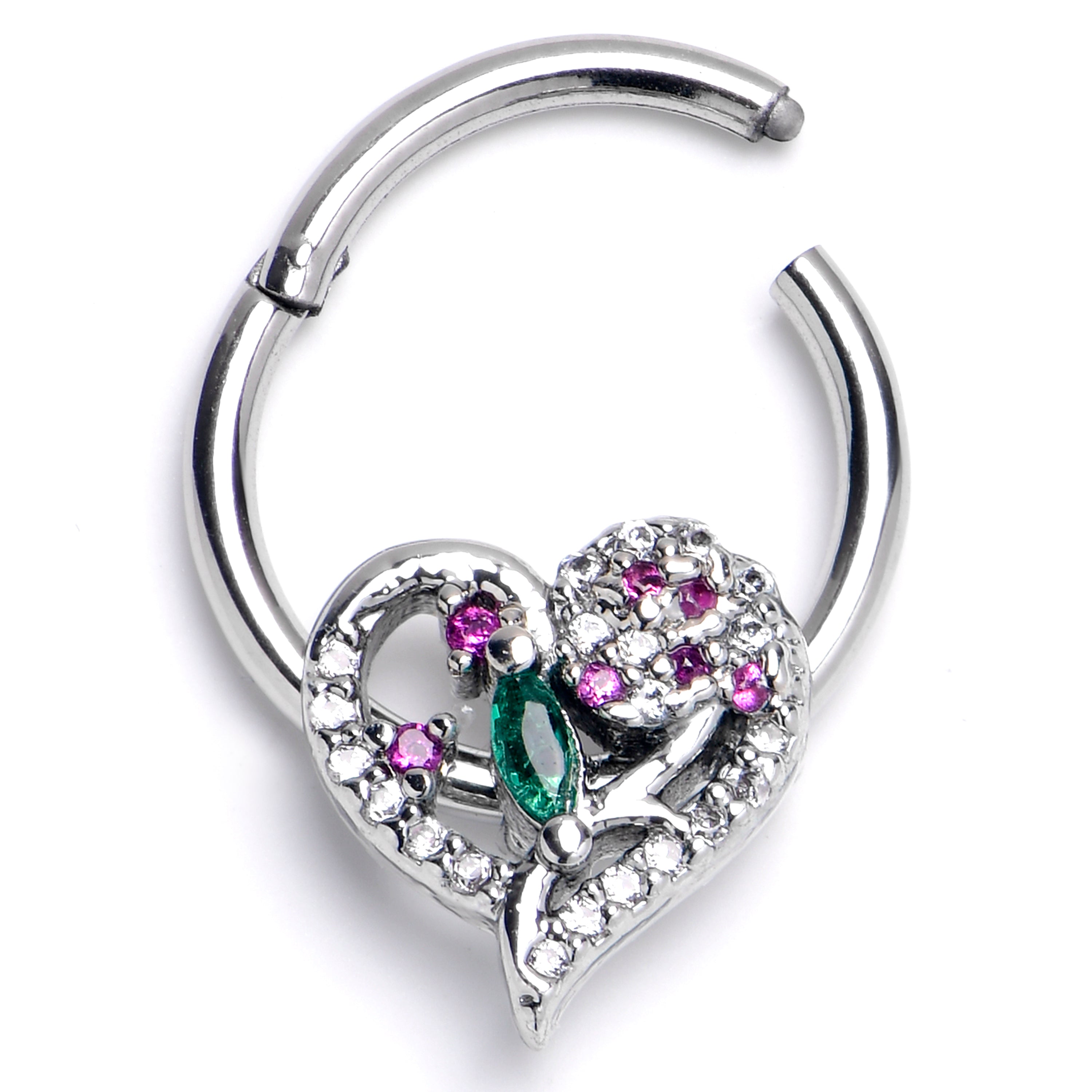 16 Gauge 3/8 Emerald Passion CZ Gem Heart Hinged Segment Ring