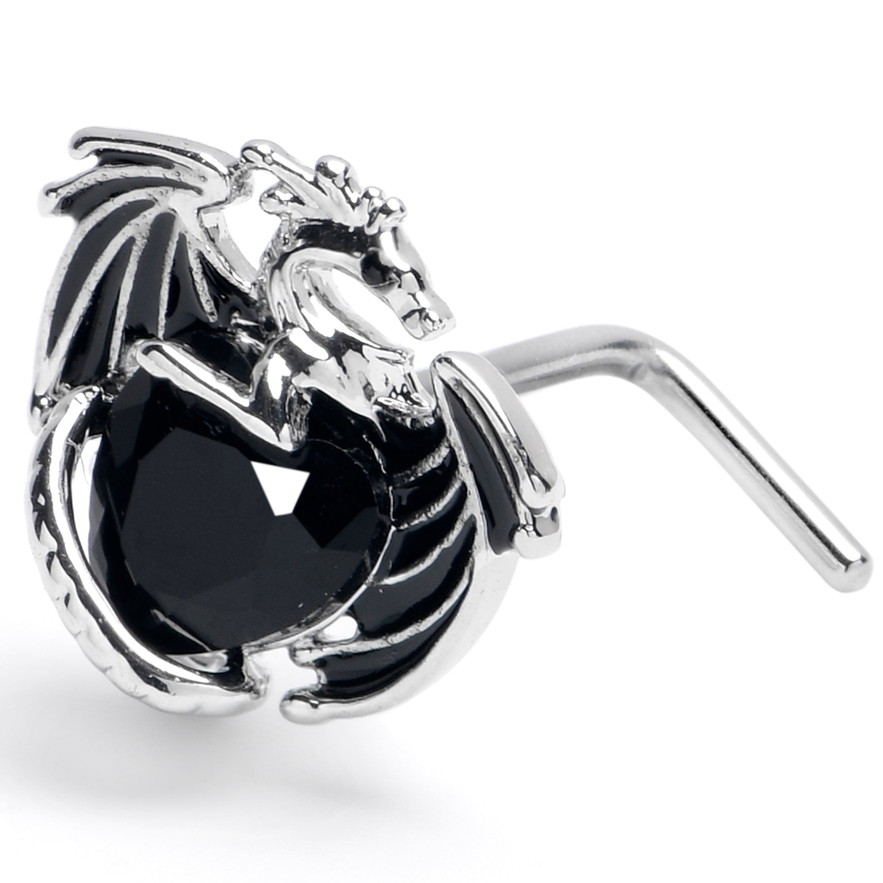 20 Gauge 7mm Black CZ Gem Heart of Dragon L Shape Nose Ring