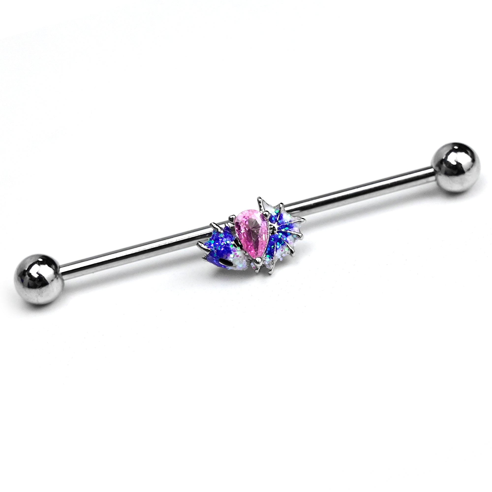 14 Gauge Pink Gem Sea Monster Glitter Blue Industrial Barbell 38mm