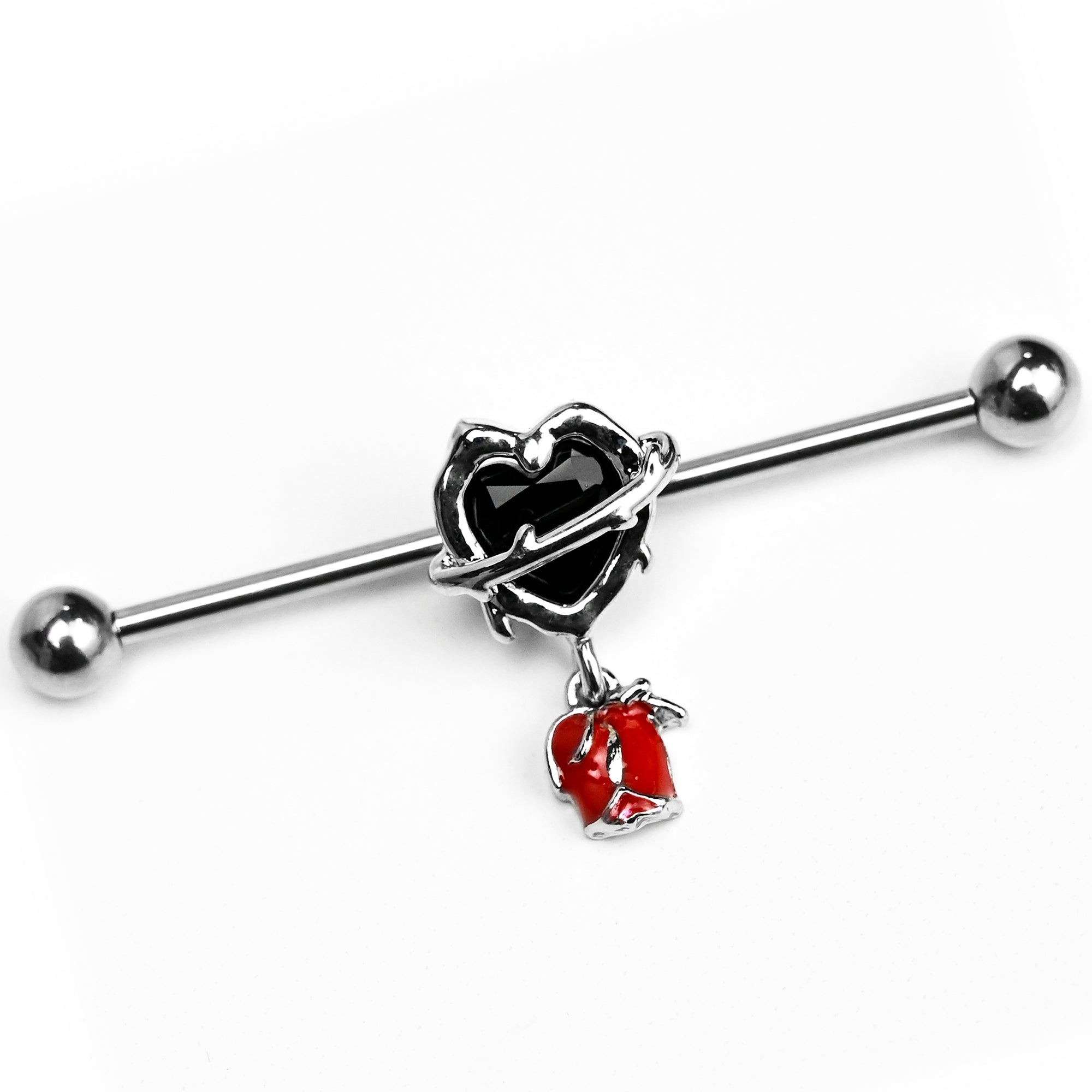 14 Gauge Barbed Heart Internally Threaded Dangle Industrial Barbell 38mm