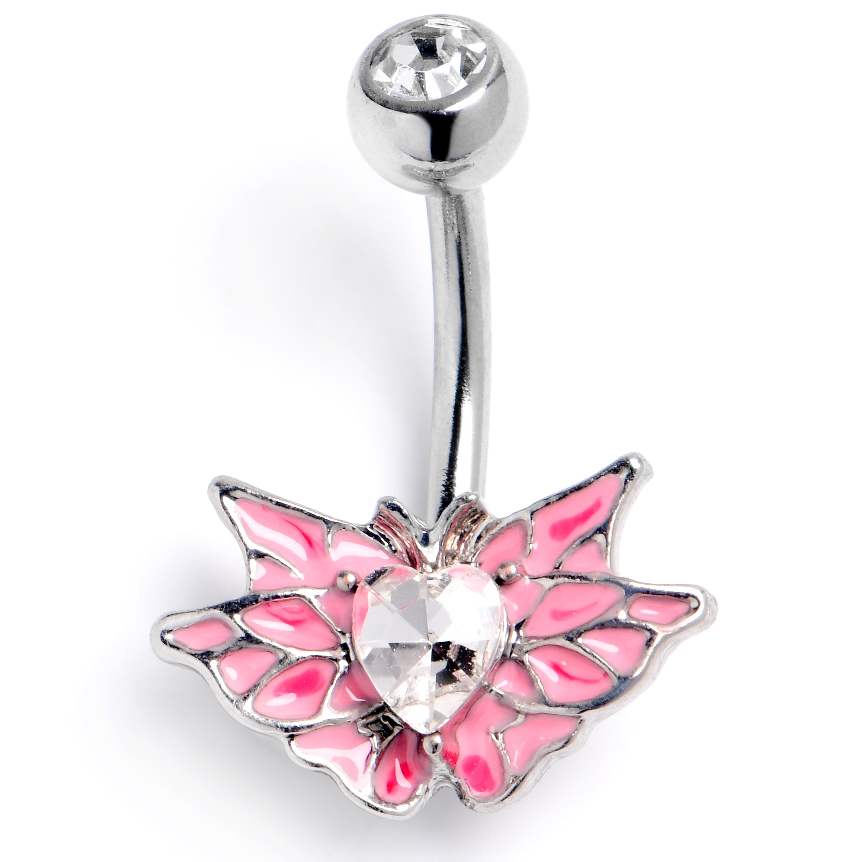 Clear Gem Heart Butterfly Pink Belly Ring