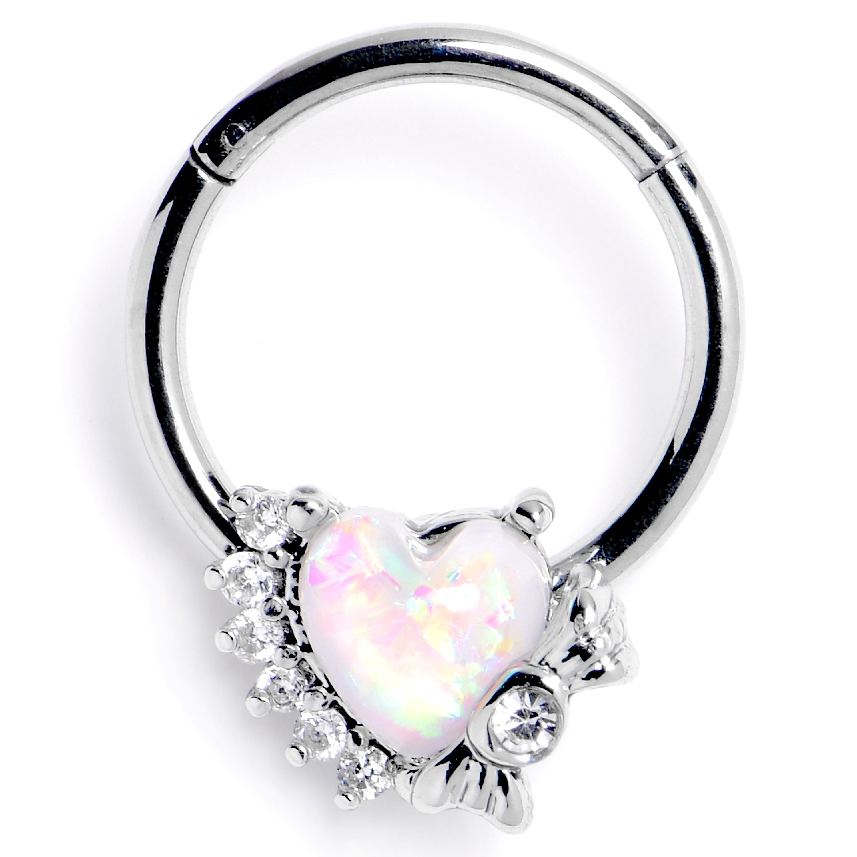 16 Gauge 3/8 White Faux Opal Sunny Heart Hinged Segment Ring