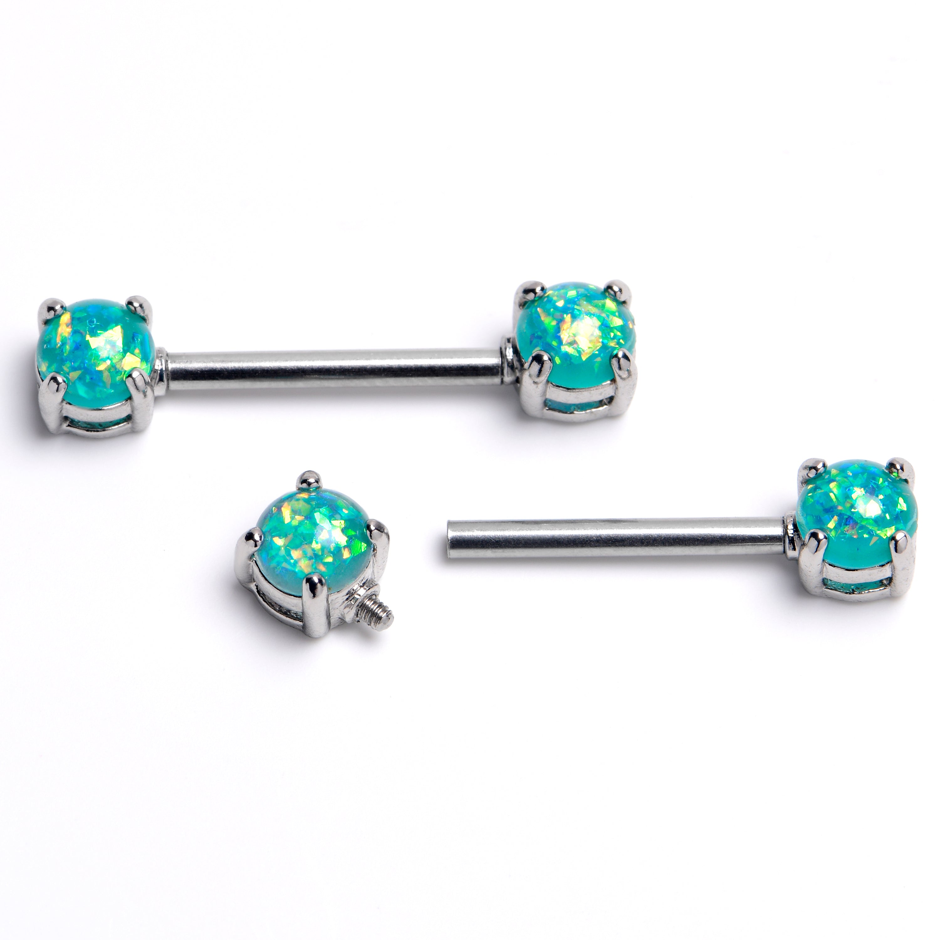 14 Gauge Green Faux Opal Internally Threaded Barbell Nipple Ring Set