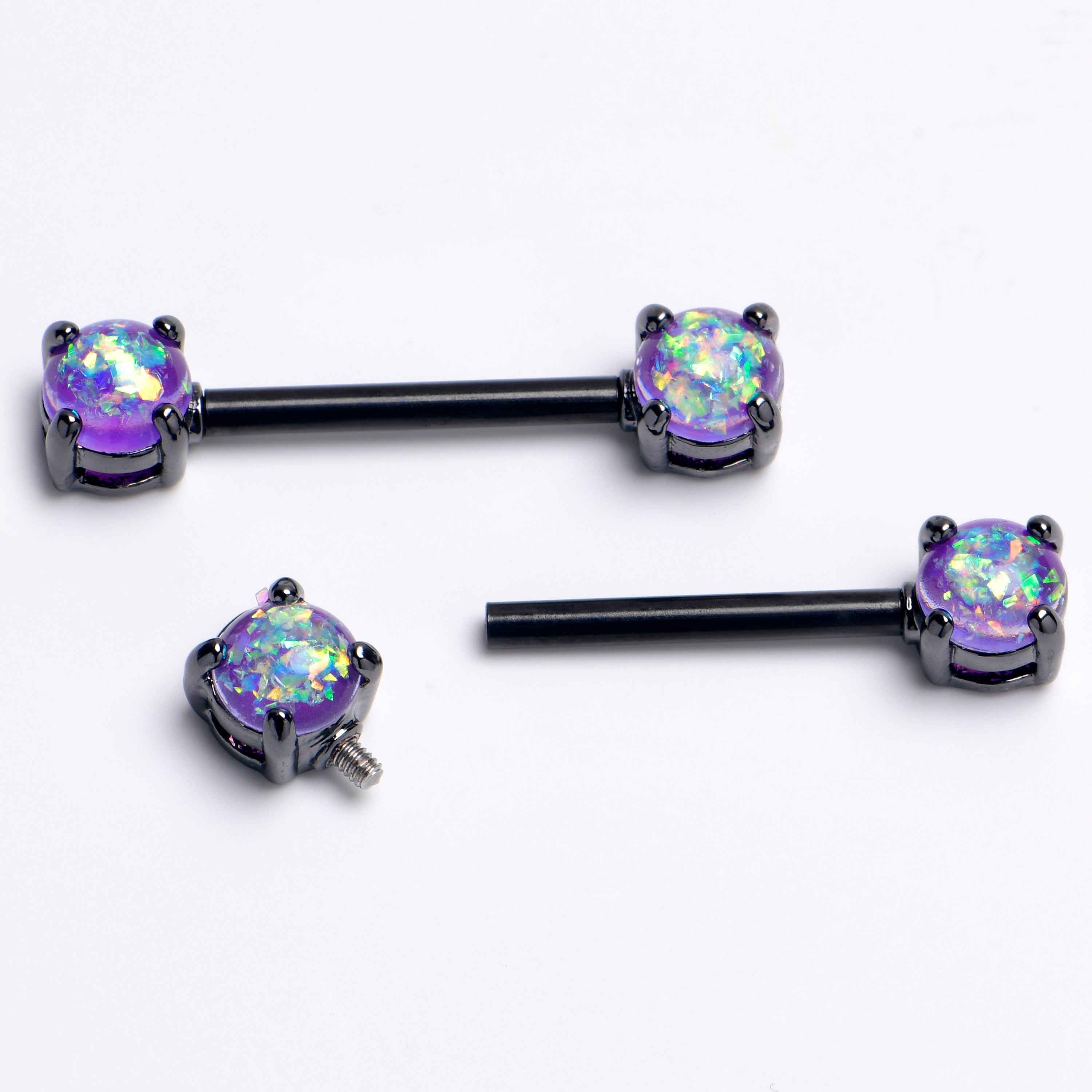 14 Gauge 9/16 Purple Faux Opal Black Internally Threaded Nipple Ring Set